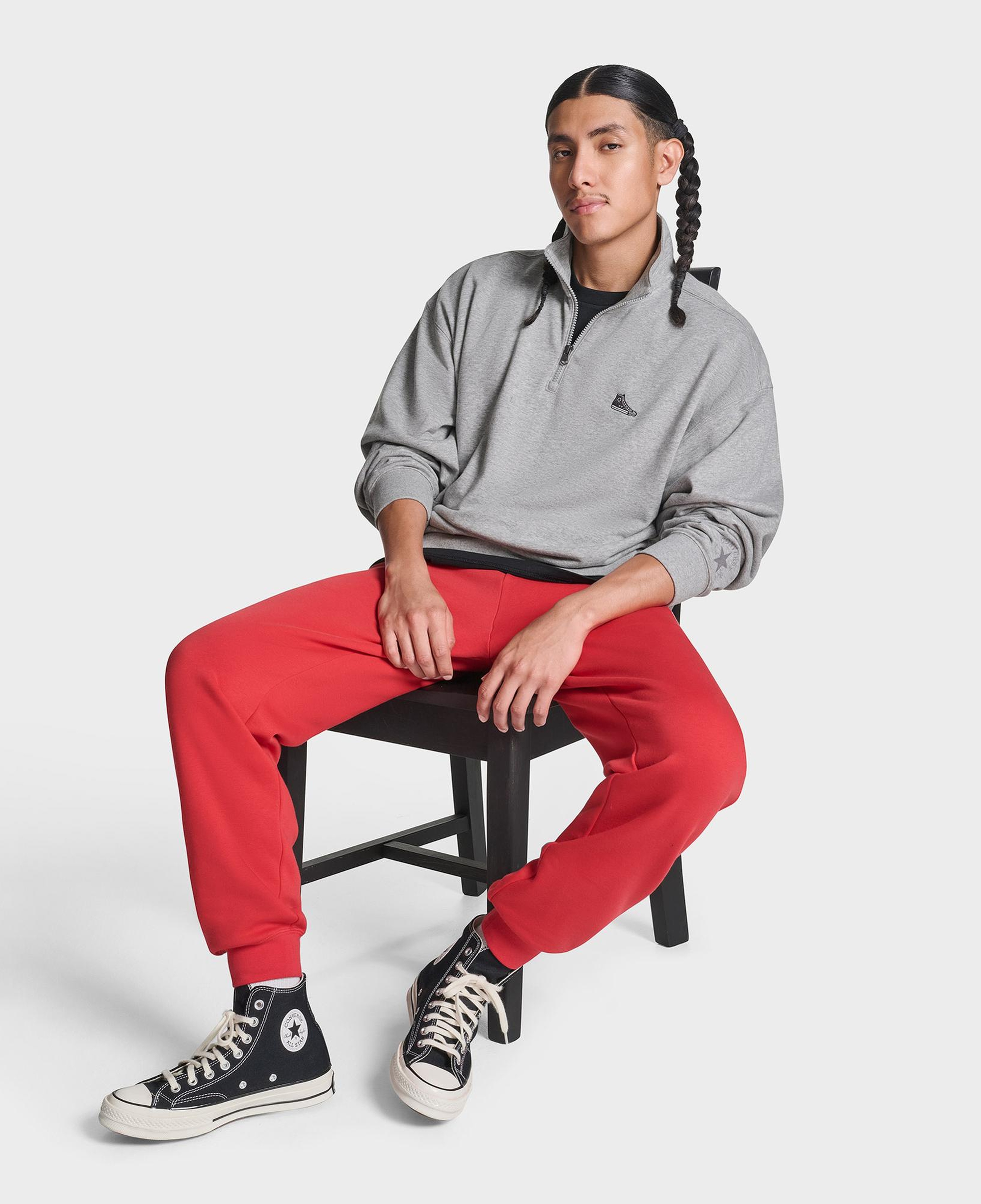 Converse Erkek Sneaker Logolu Gri Loose Fit Yarım Fermuarlı Sweatshirt