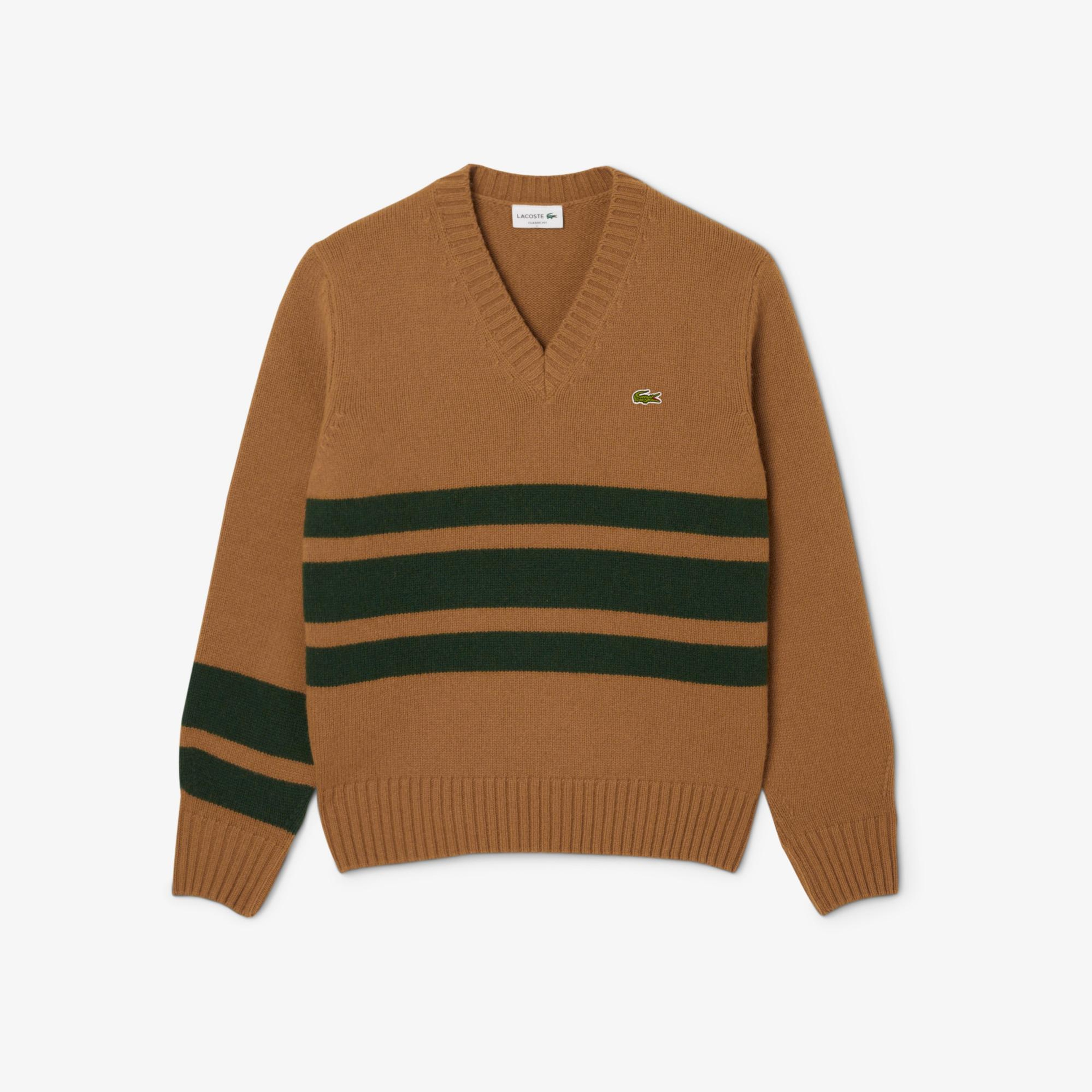 Lacoste Erkek Classic Fit V Yaka Çizgili Kahverengi Kazak