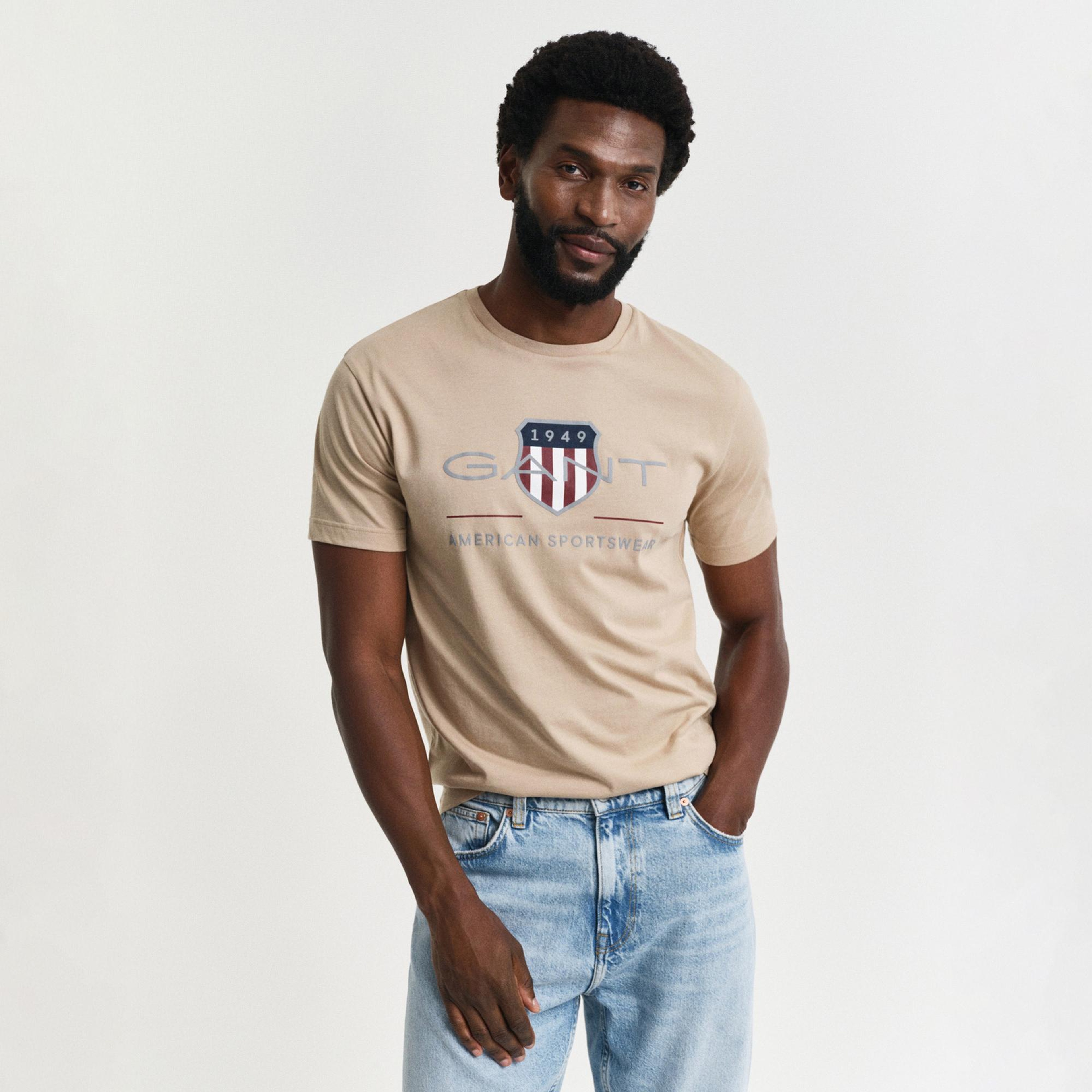 GANT Erkek Bej Regular Fit Bisiklet Yaka Logolu T-Shirt