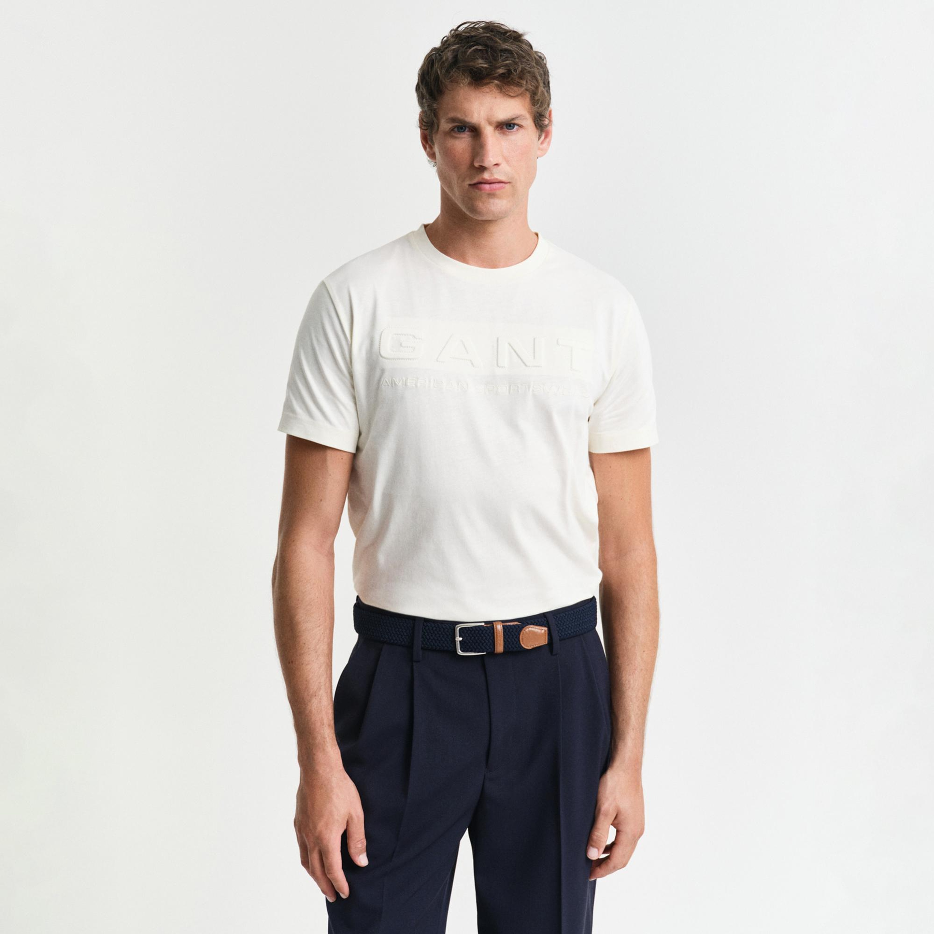 GANT Erkek Krem Regular Fit Bisiklet Yaka Logolu T-Shirt