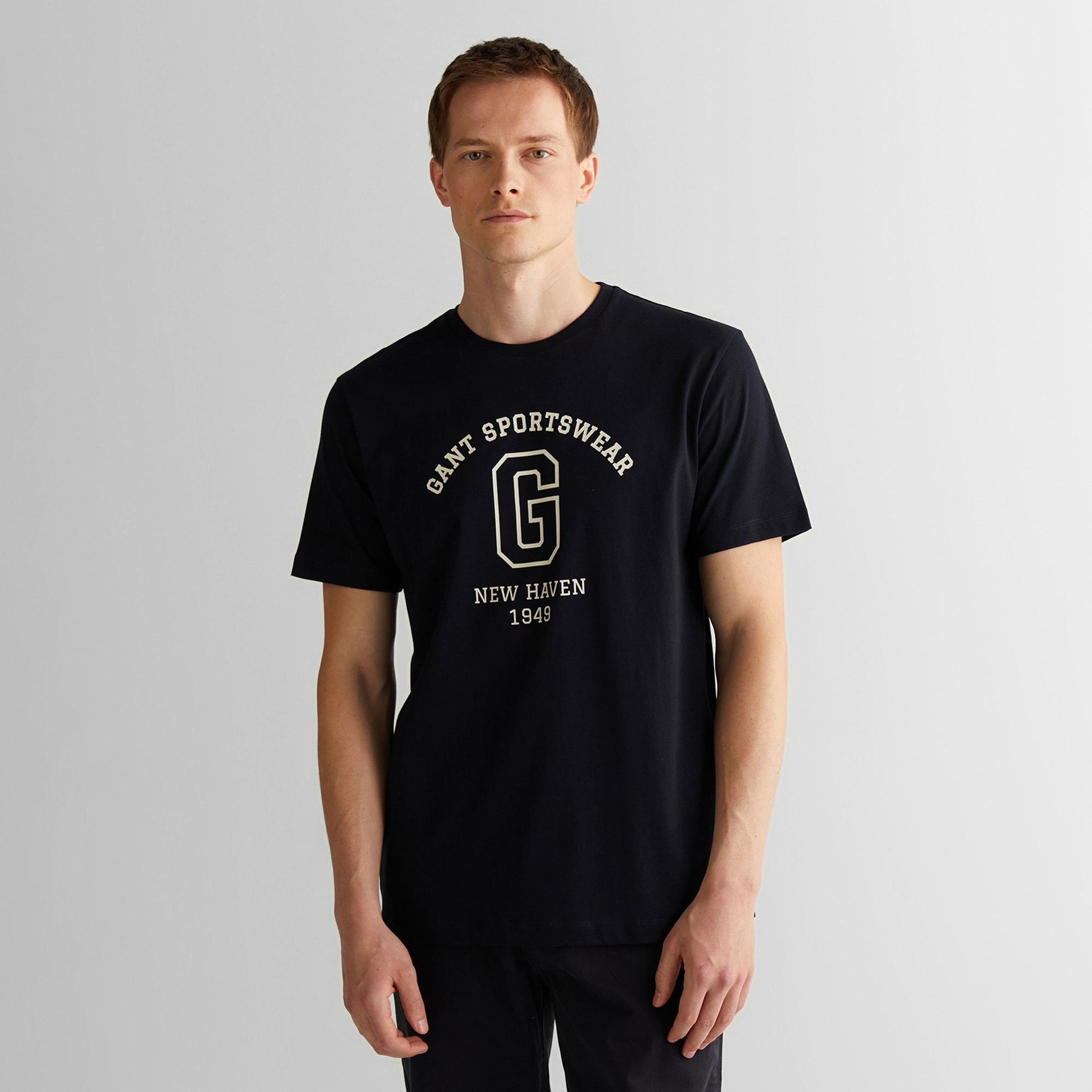 GANT Erkek Siyah Regular Fit Bisiklet Yaka Logolu T-Shirt