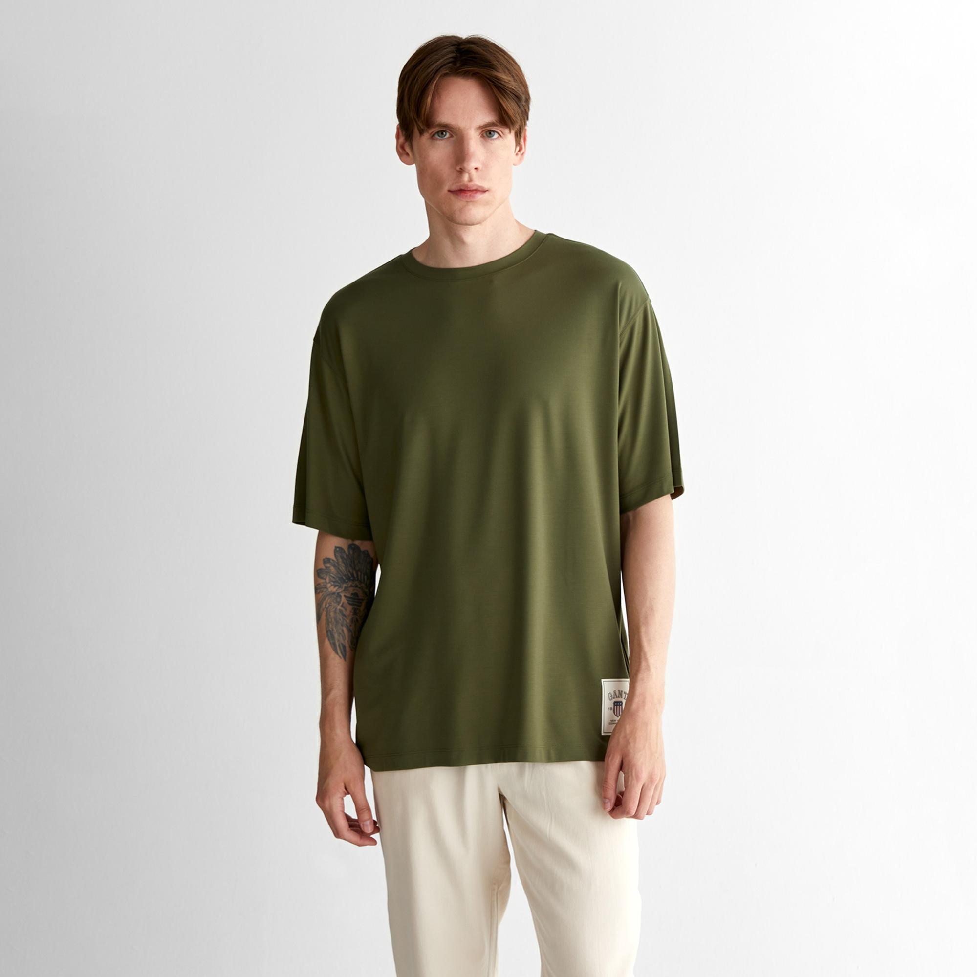 GANT Erkek Yeşil Relaxed Fit Bisiklet Yaka Logolu T-Shirt