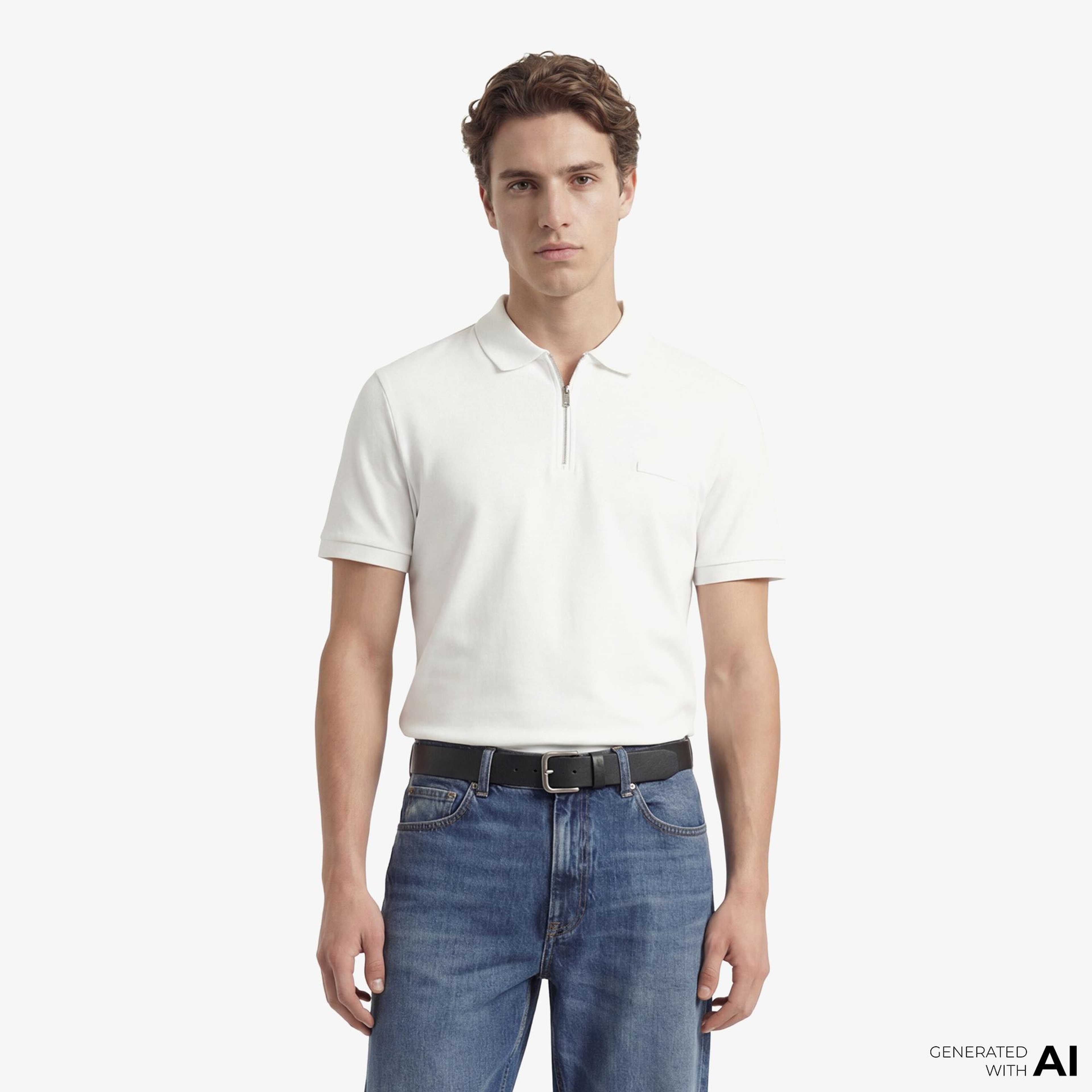 Calvin Klein Slim Supima Zip Erkek Beyaz Polo