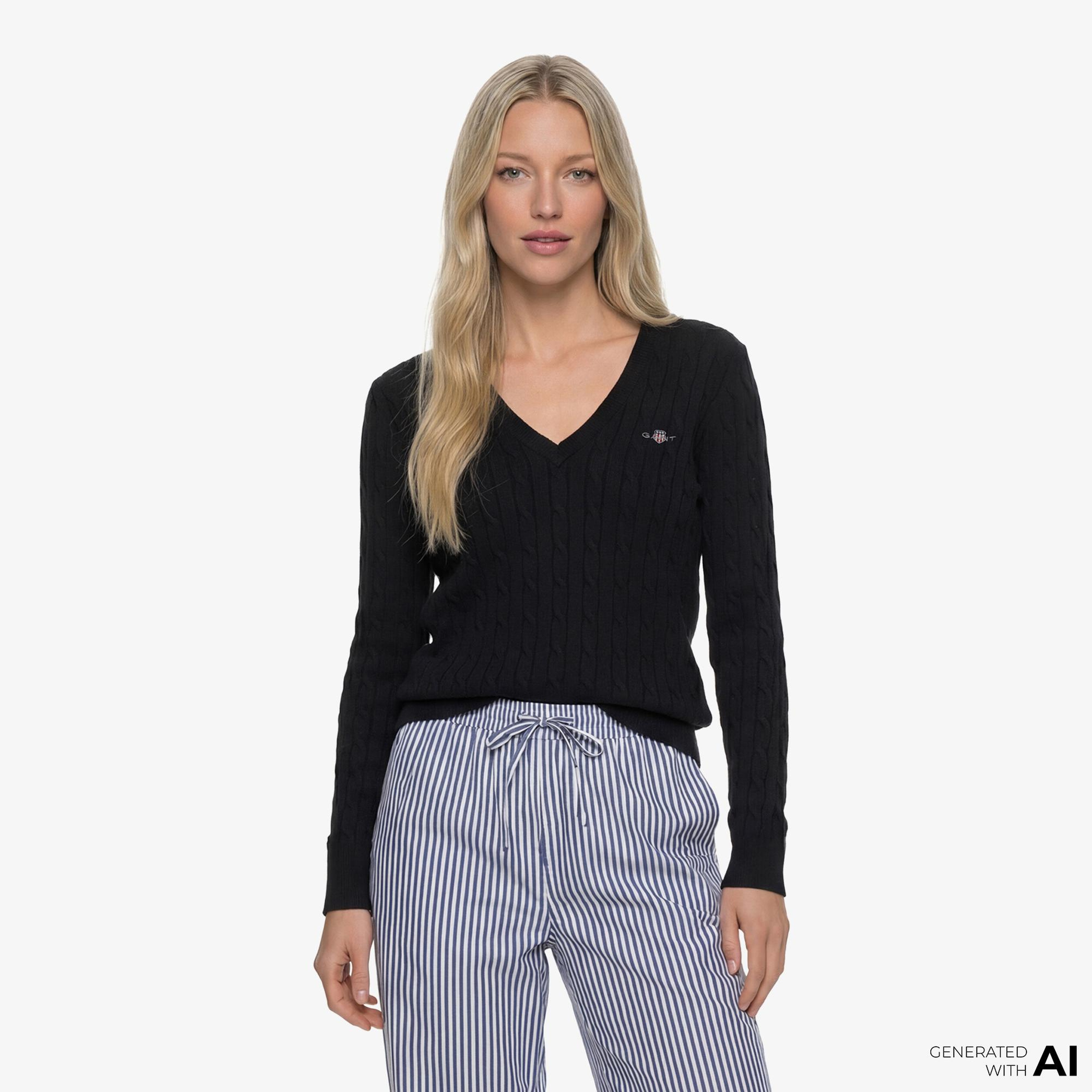 GANT Kadın Siyah Slim Fit V Yaka Kazak