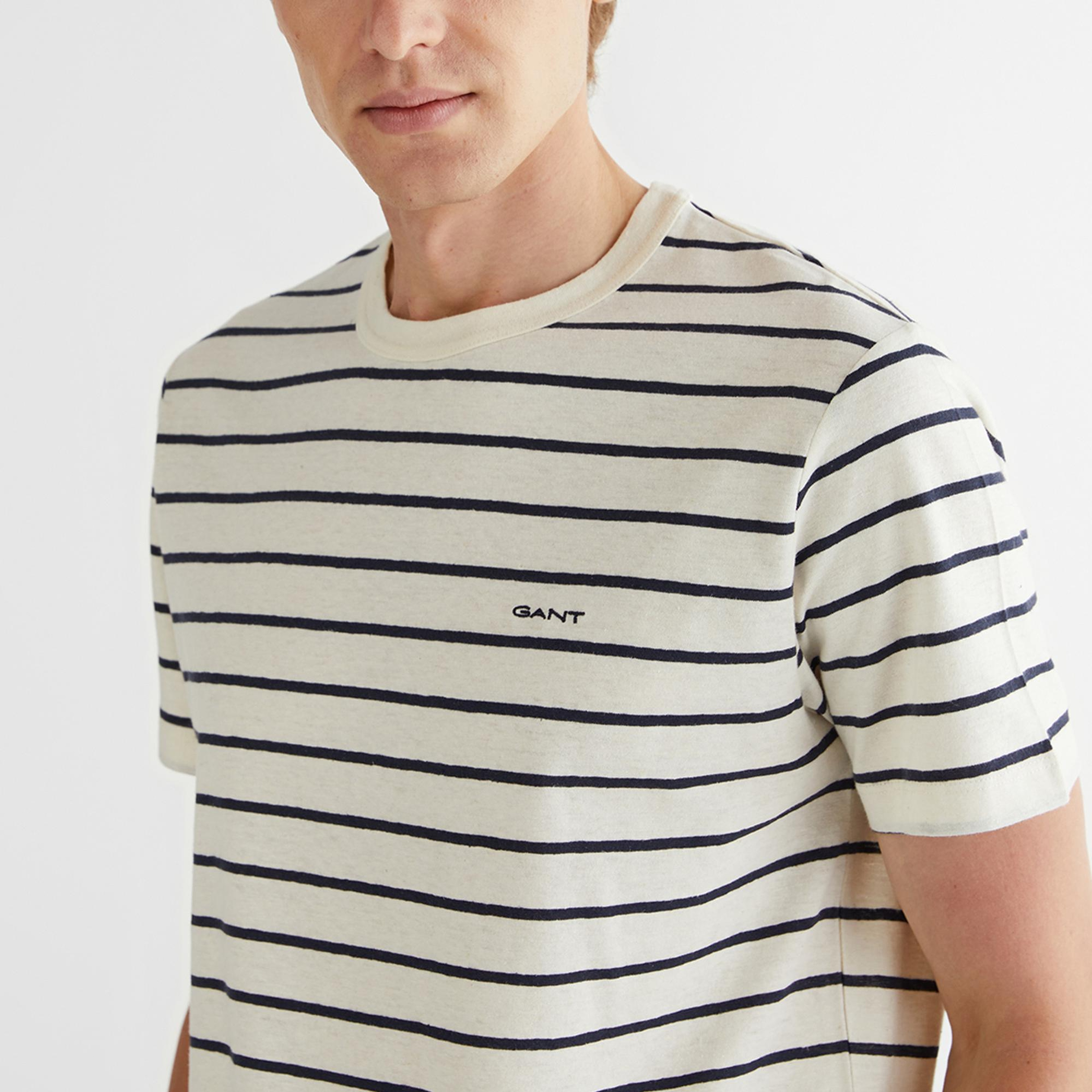 GANT Erkek Krem Regular Fit Bisiklet Yaka Çizgili T-Shirt