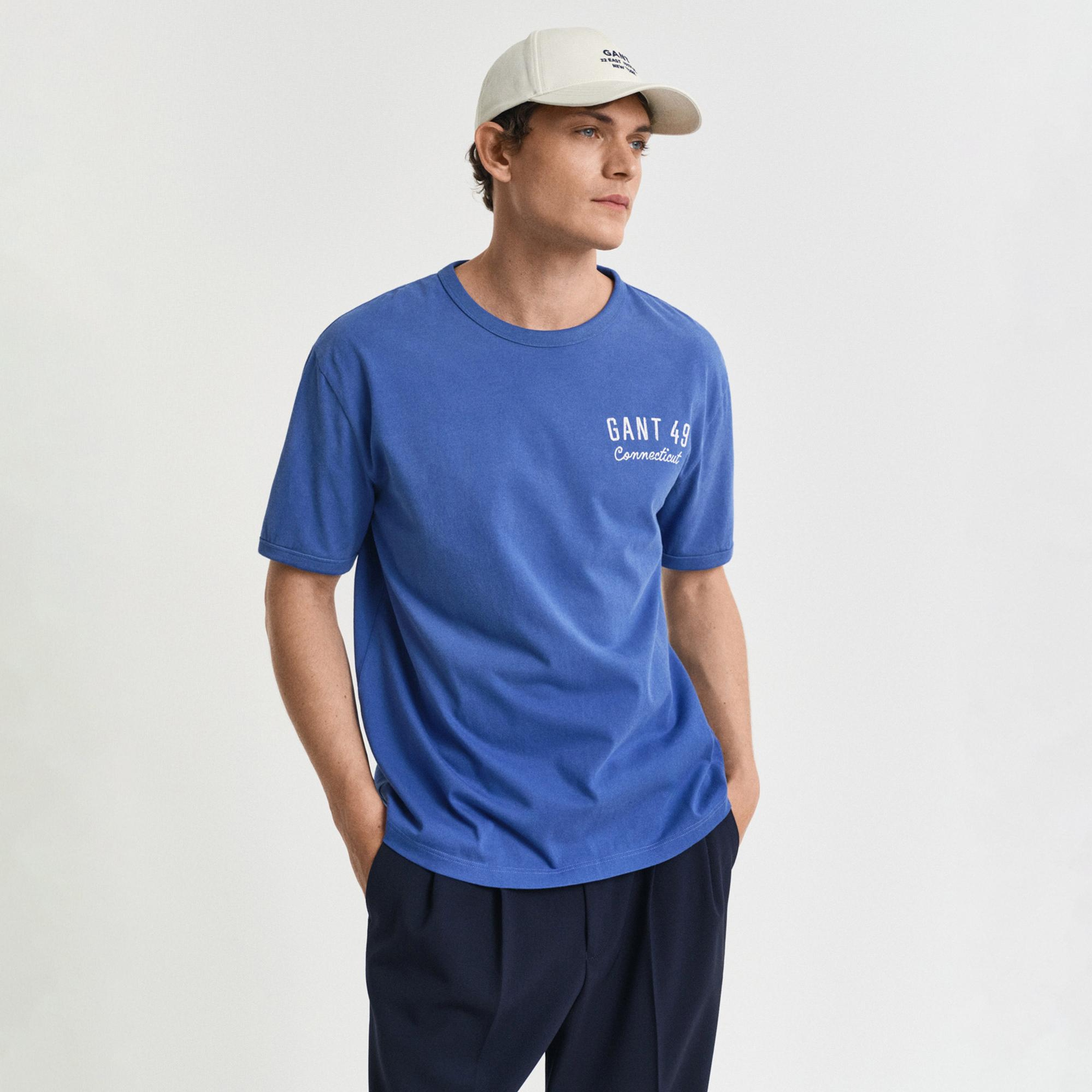 GANT Erkek Mavi Relaxed Fit Bisiklet Yaka Logolu T-Shirt