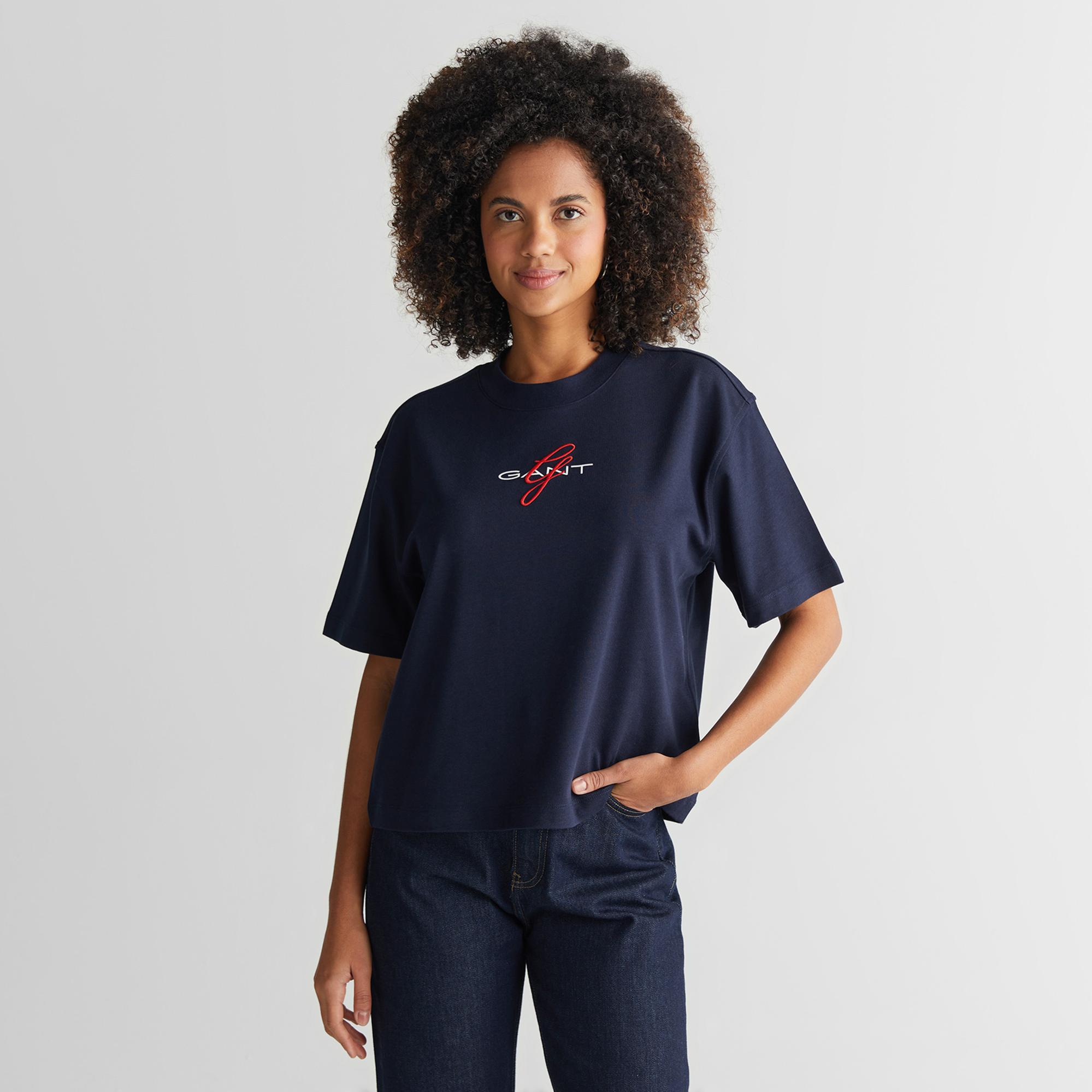 GANT Kadın Lacivert Bisiklet Yaka Logolu T-Shirt