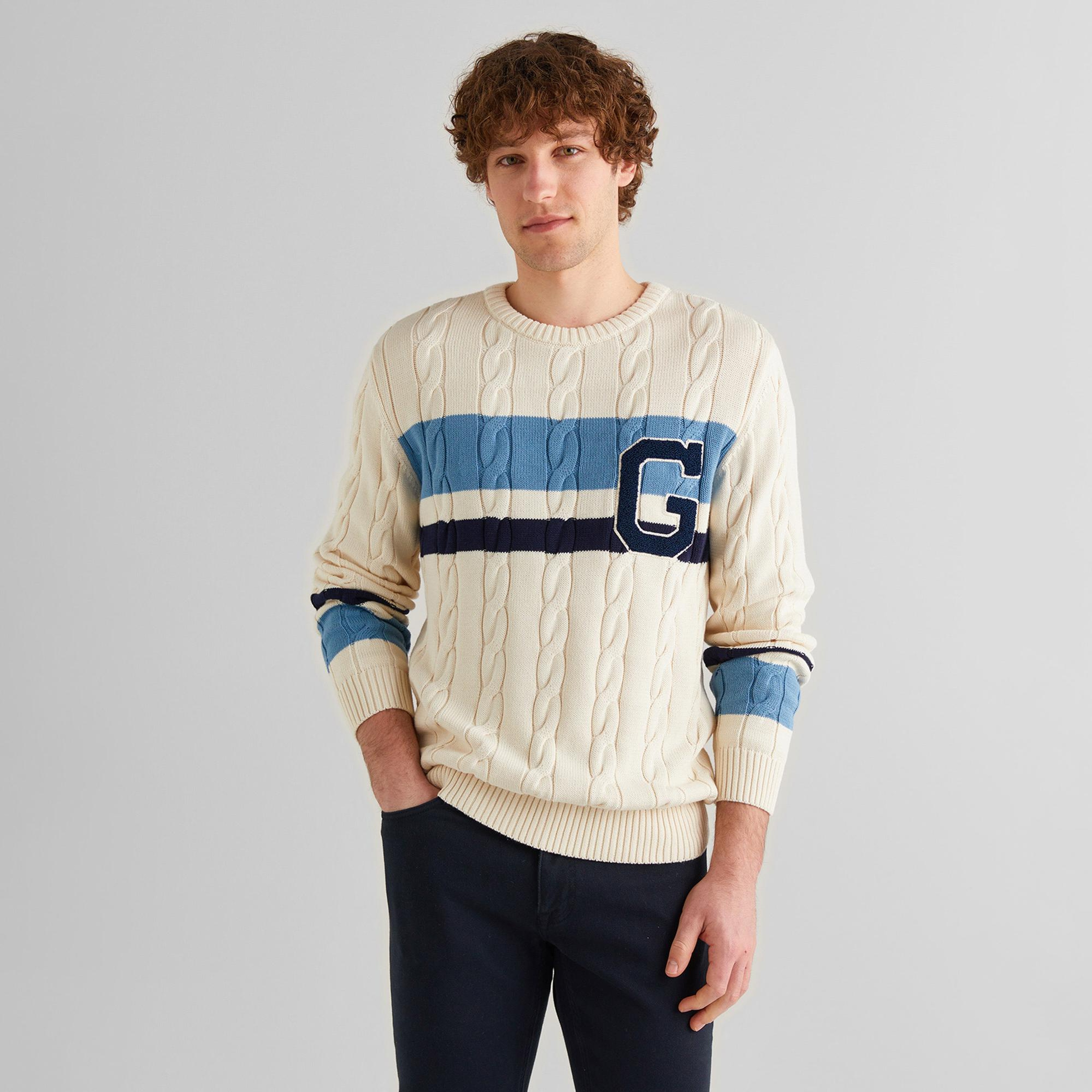 GANT Erkek Krem Relaxed Fit Bisiklet Yaka Renk Bloklu Örgü Kazak