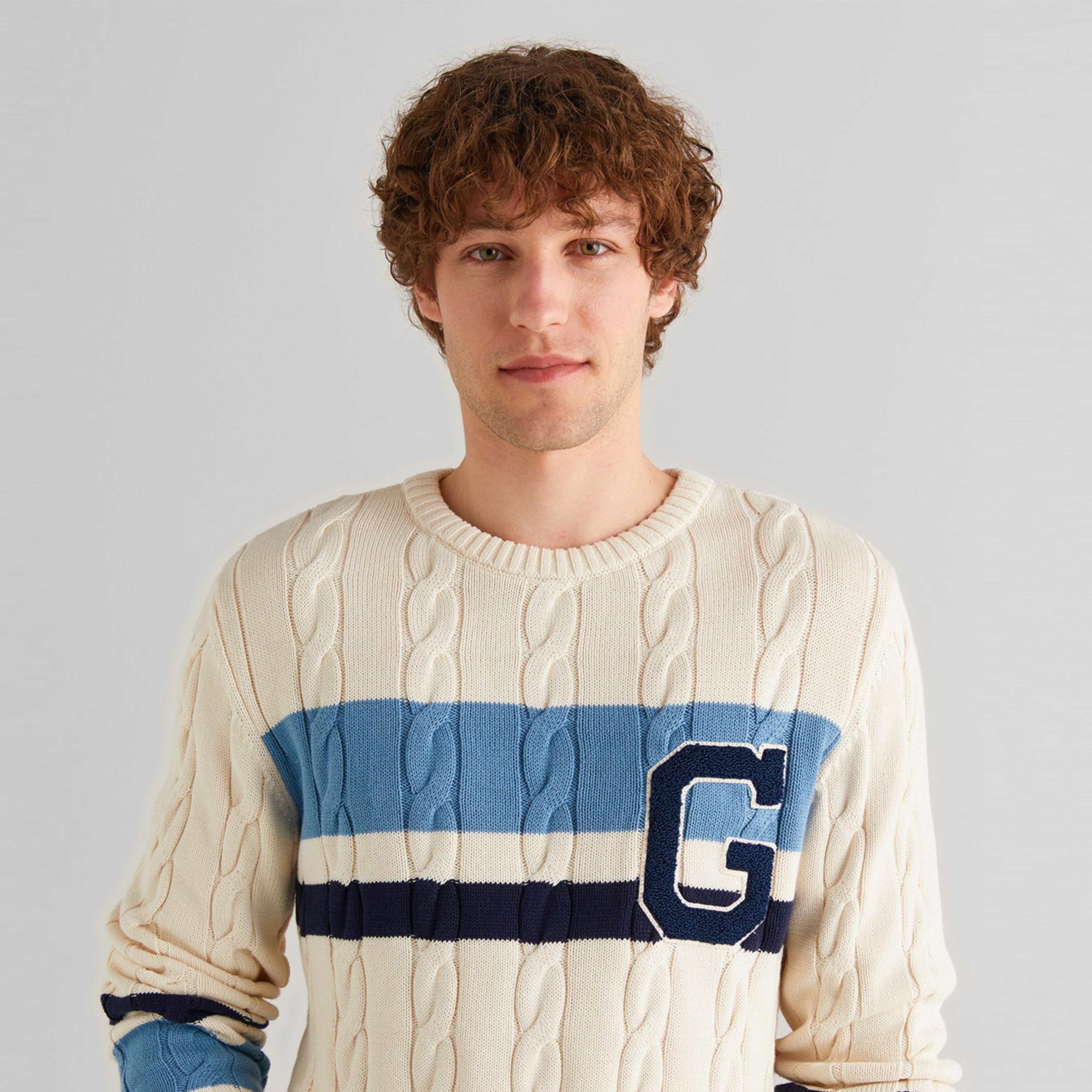 GANT Erkek Krem Relaxed Fit Bisiklet Yaka Renk Bloklu Örgü Kazak