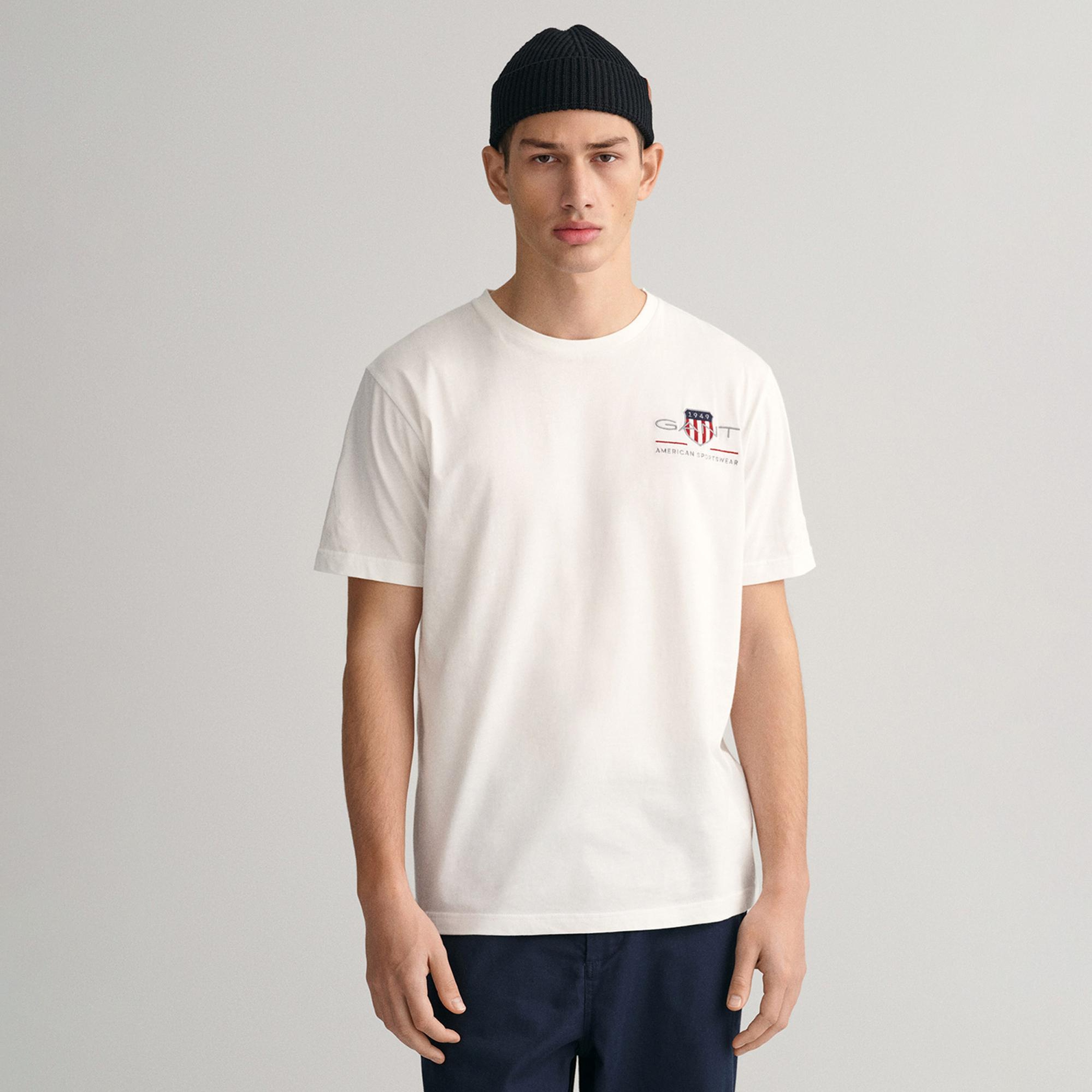 GANT Erkek Beyaz Regular Fit Bisiklet Yaka Logolu T-shirt