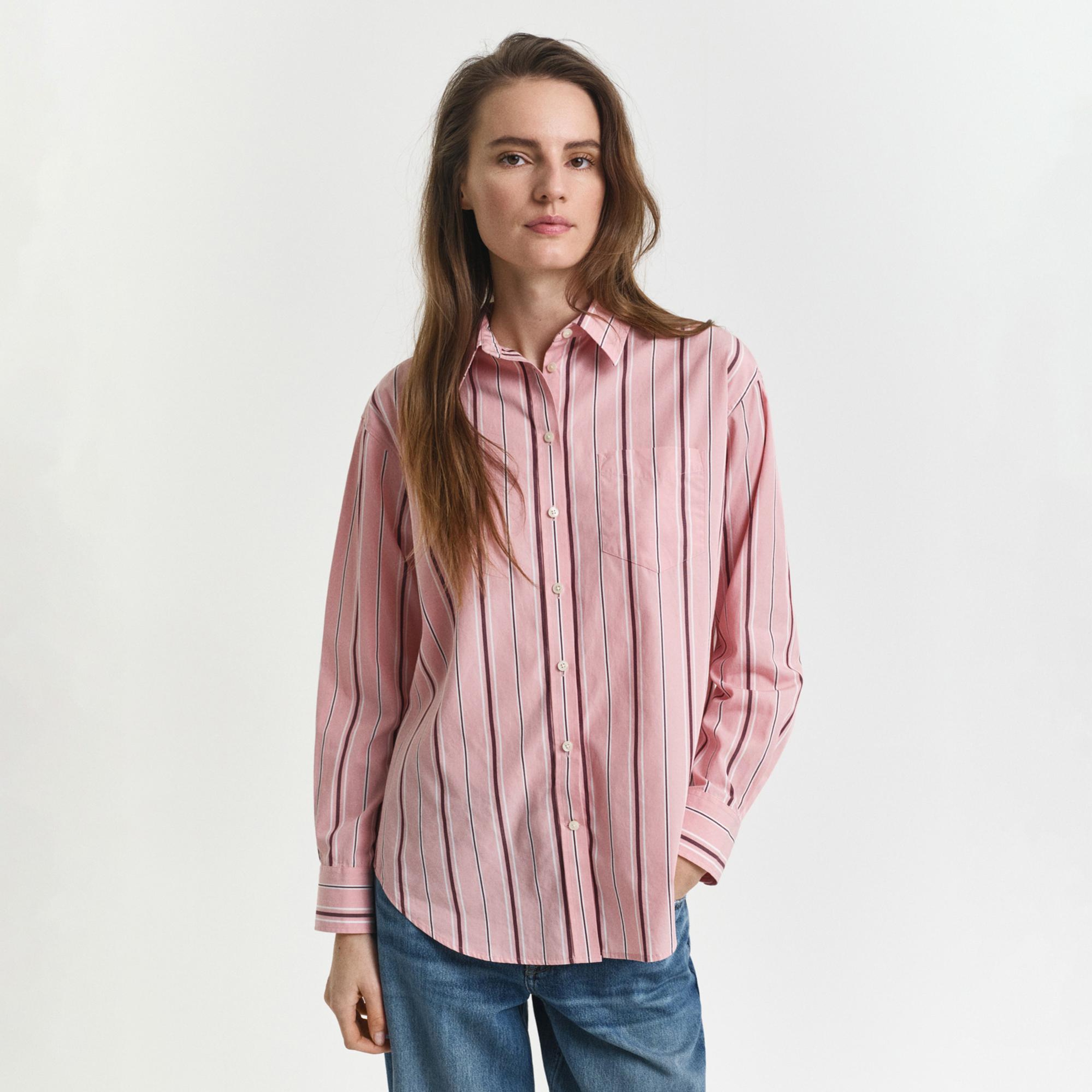 GANT Kadın Pembe Relaxed Fit Klasik Yaka Çizgili Gömlek