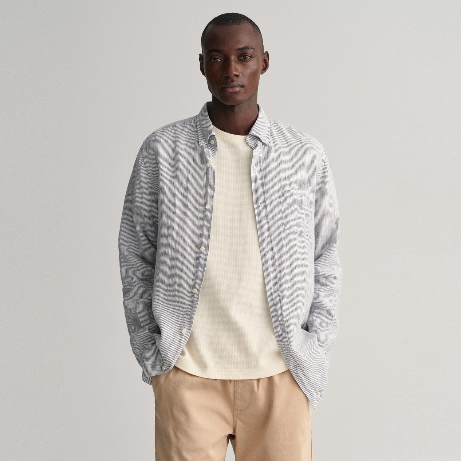 GANT Erkek Lacivert Regular Fit Çizgili Keten Gömlek