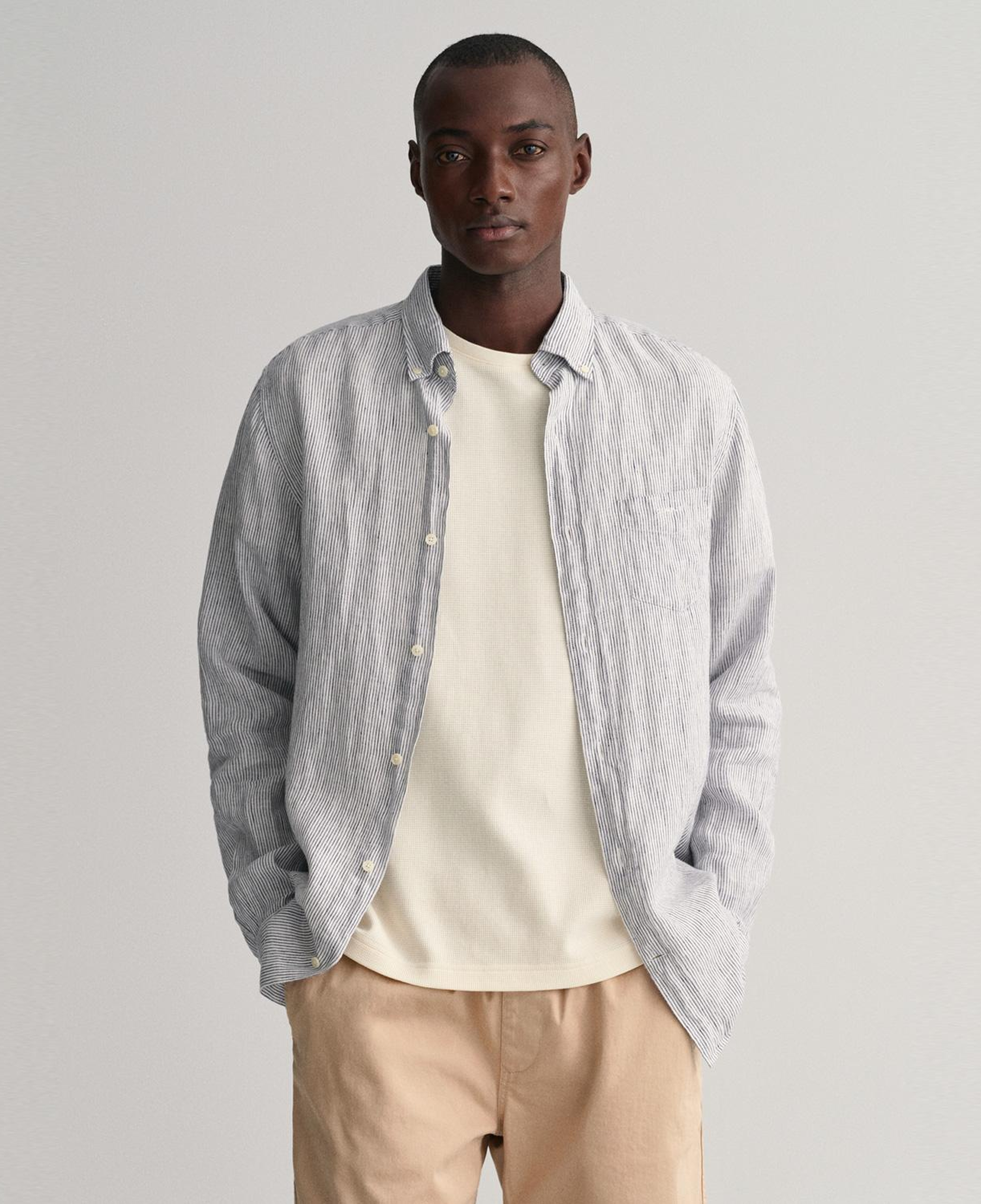 GANT Erkek Lacivert Regular Fit Çizgili Keten Gömlek