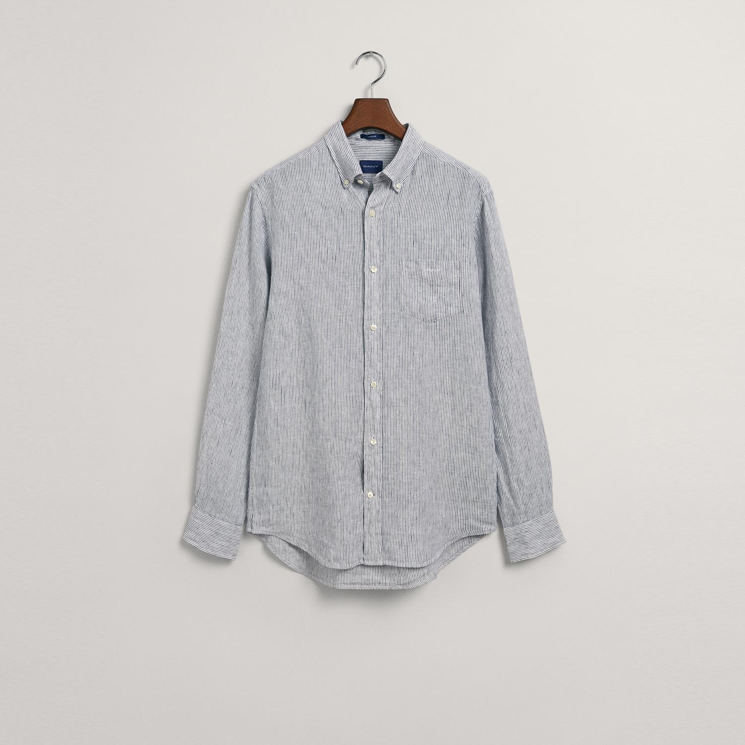 GANT Erkek Lacivert Regular Fit Çizgili Keten Gömlek