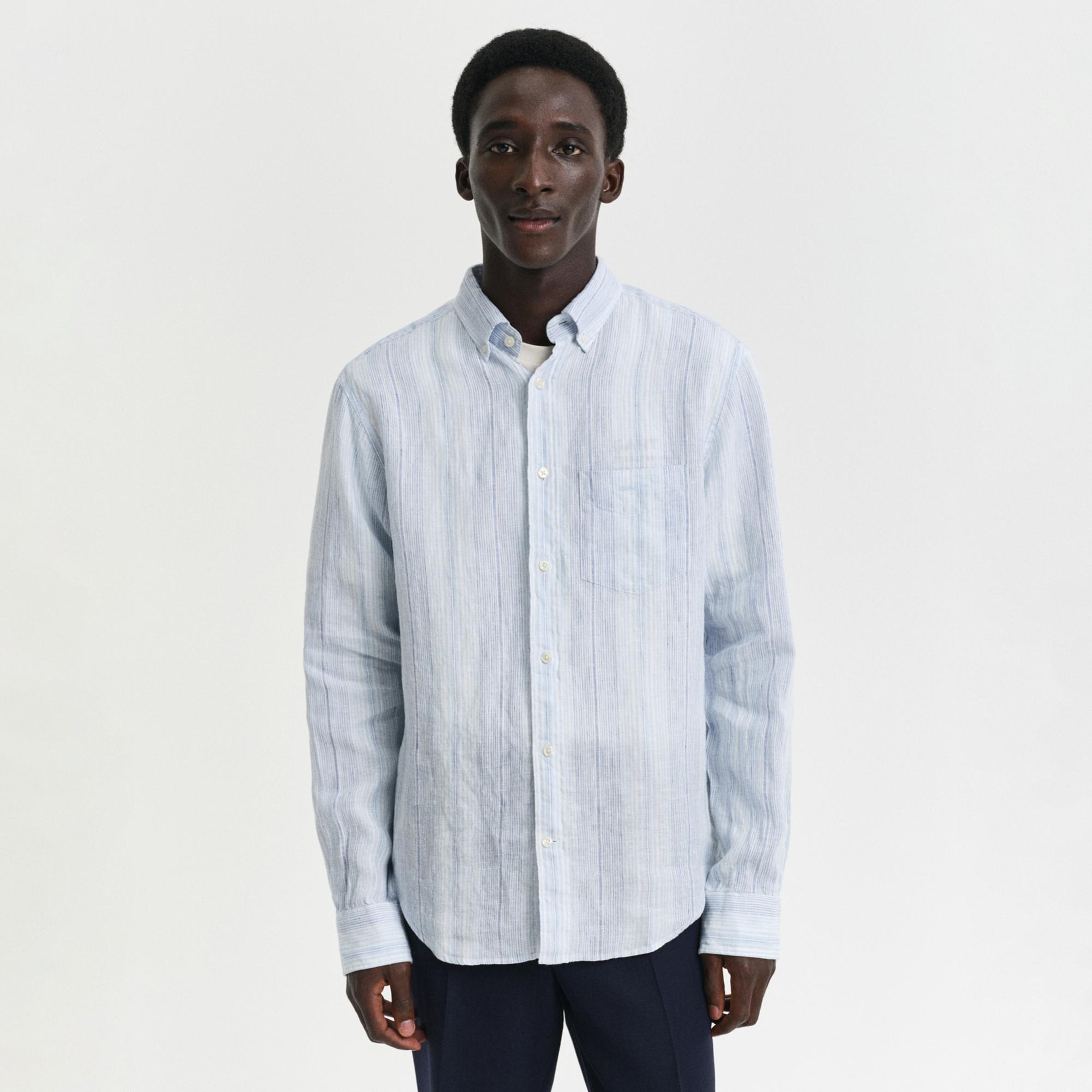 GANT Erkek Mavi Regular Fit Düğmeli Yaka Çizgili Gömlek