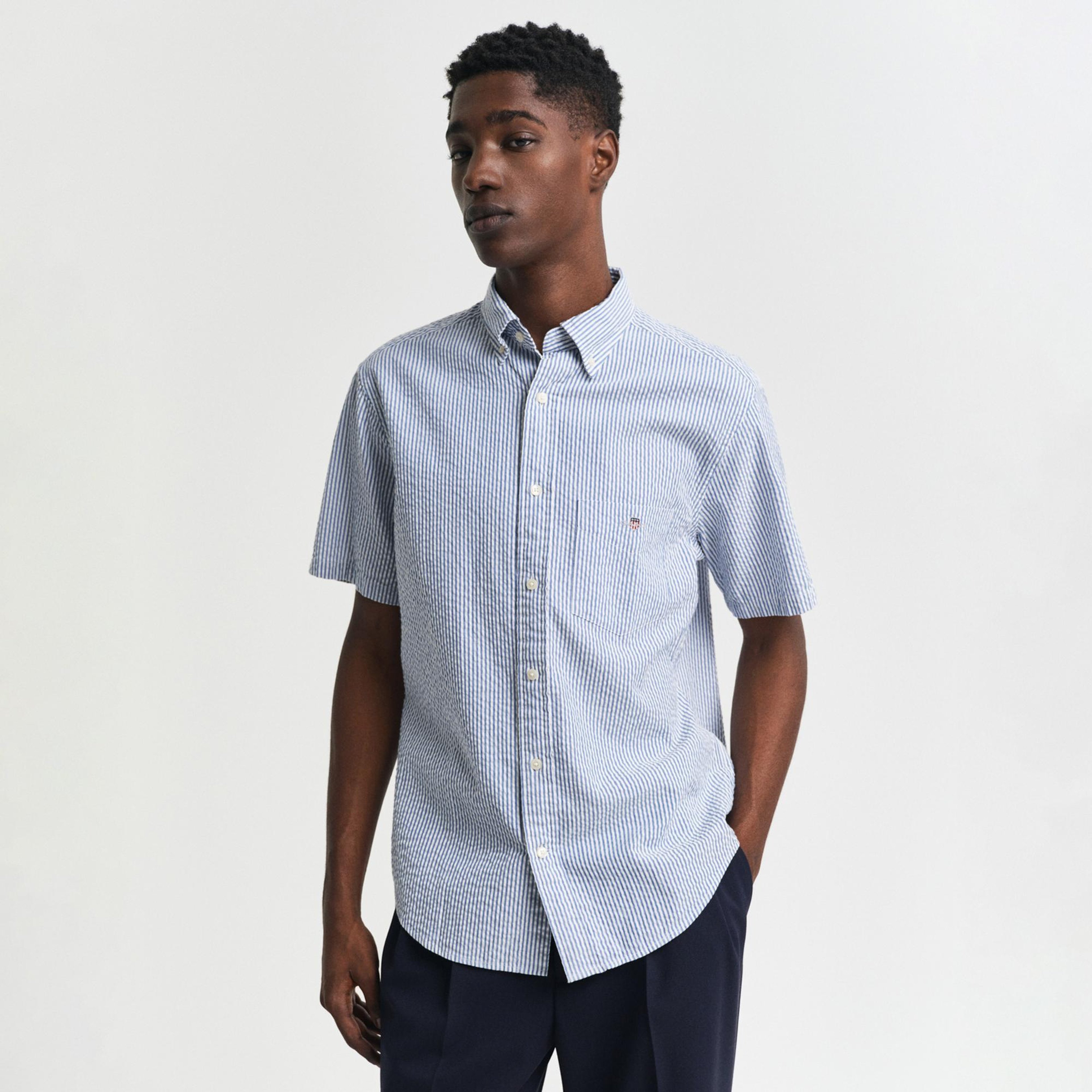 GANT Erkek Lacivert Regular Fit Düğmeli Yaka Çizgili Gömlek