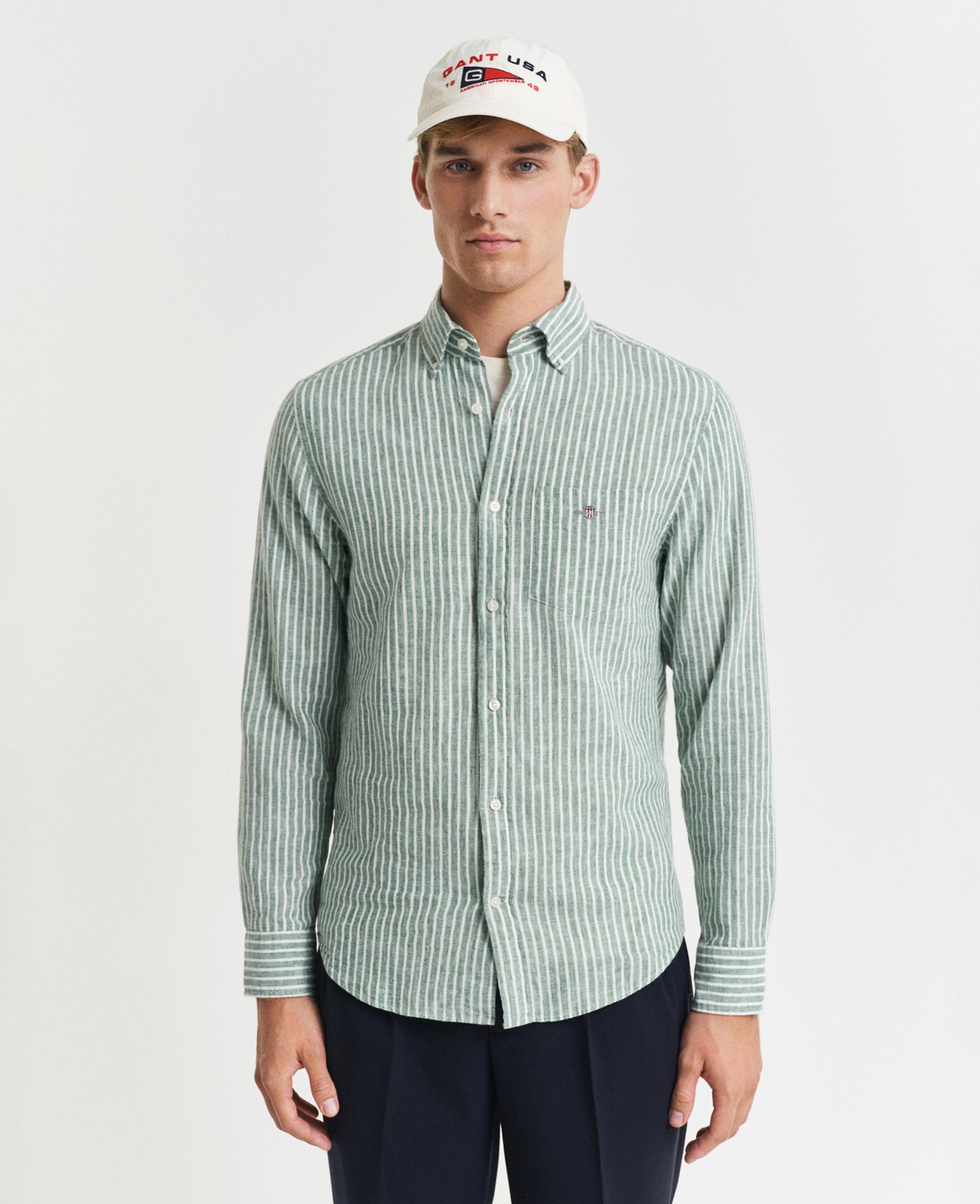 GANT Erkek Yeşil Regular Fit Düğmeli Yaka Çizgili Keten Gömlek