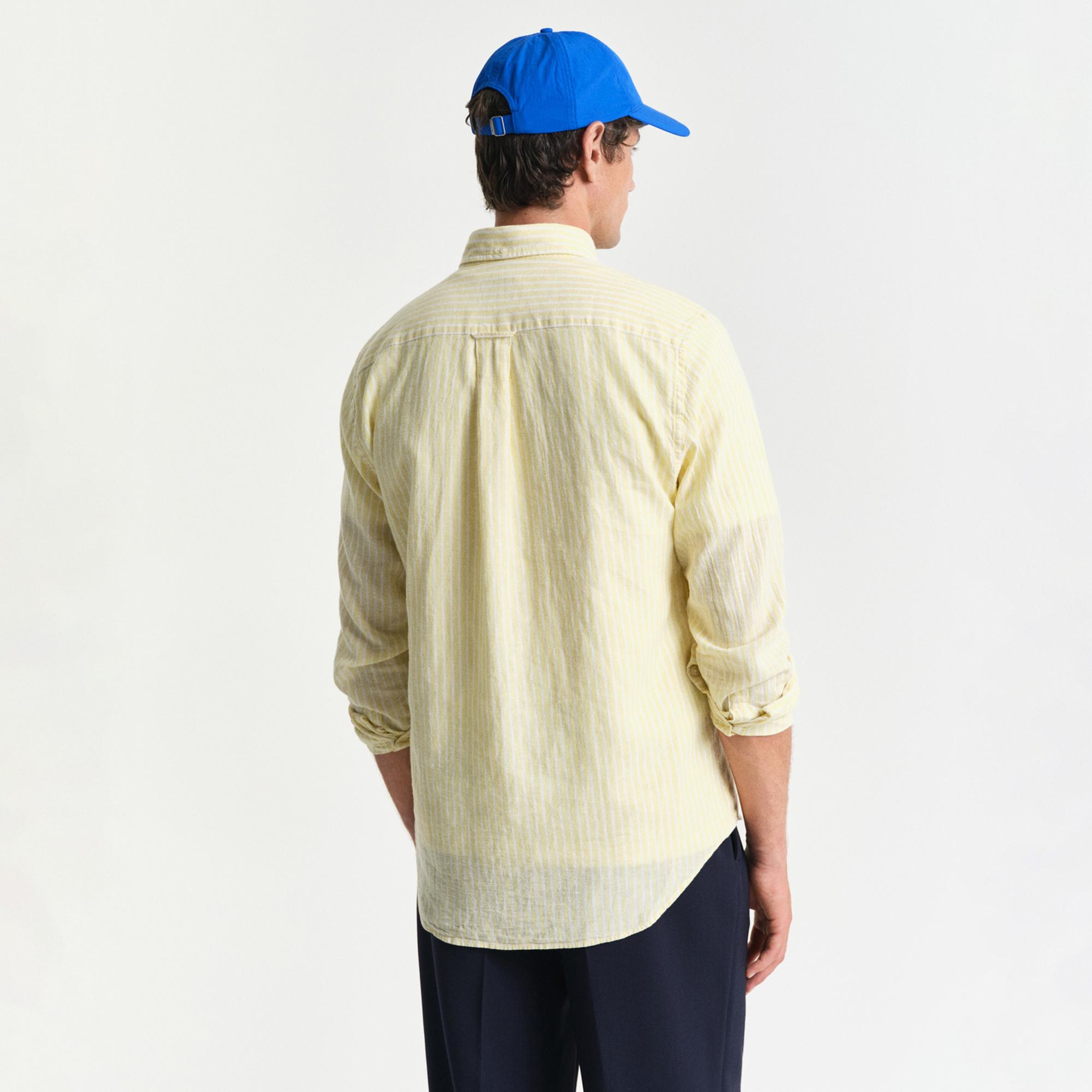 GANT Erkek Sarı Regular Fit Düğmeli Yaka Çizgili Keten Gömlek