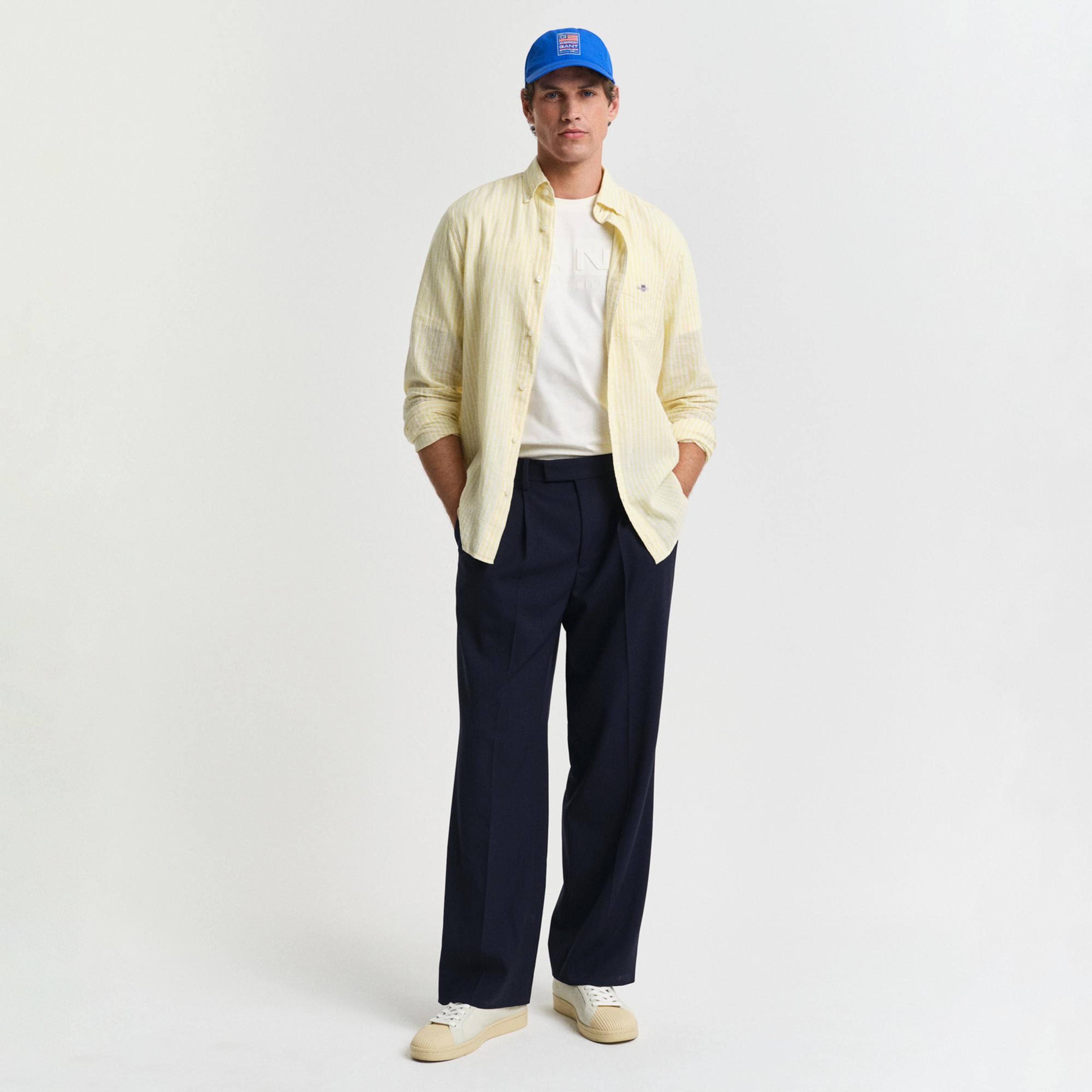 GANT Erkek Sarı Regular Fit Düğmeli Yaka Çizgili Keten Gömlek