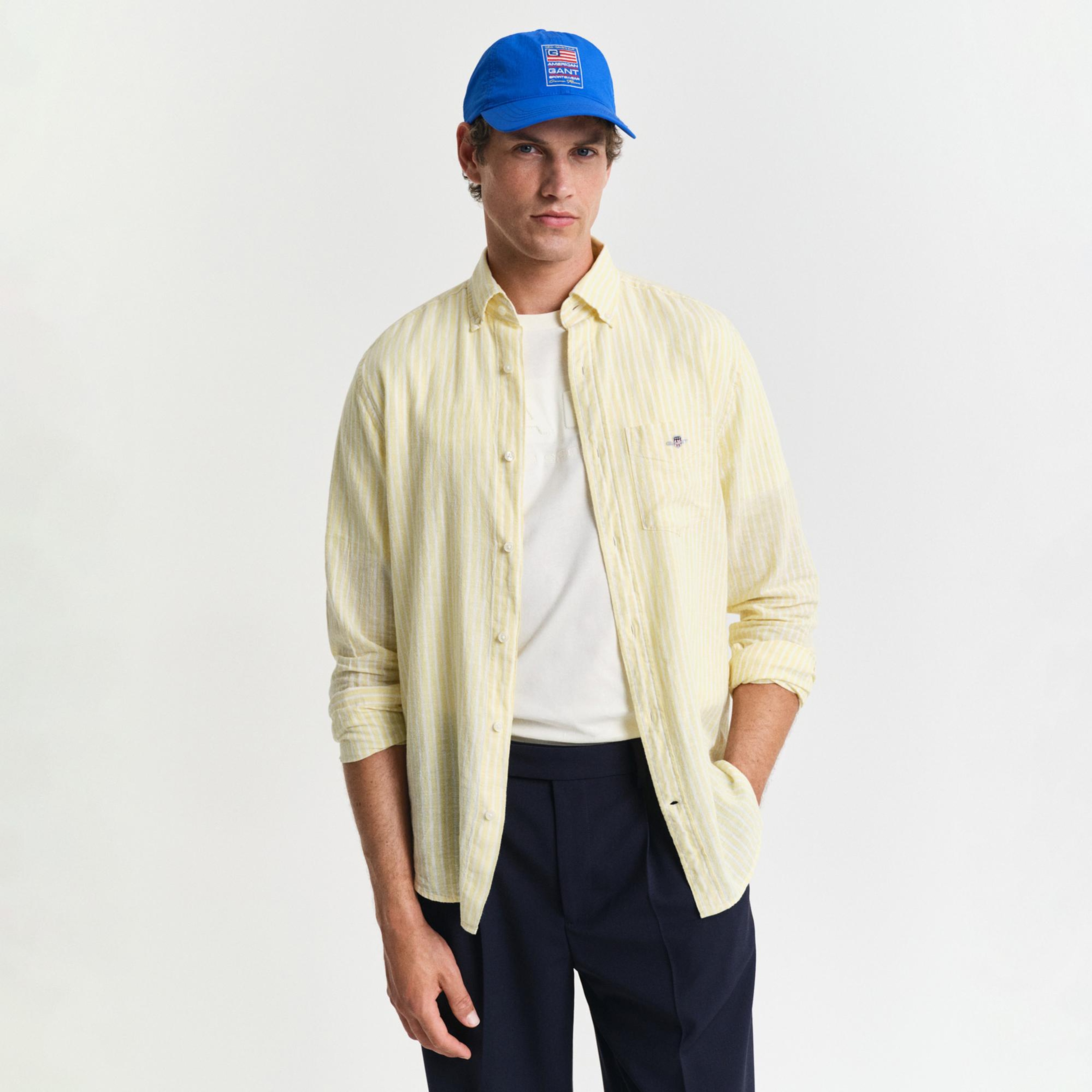 GANT Erkek Sarı Regular Fit Düğmeli Yaka Çizgili Keten Gömlek