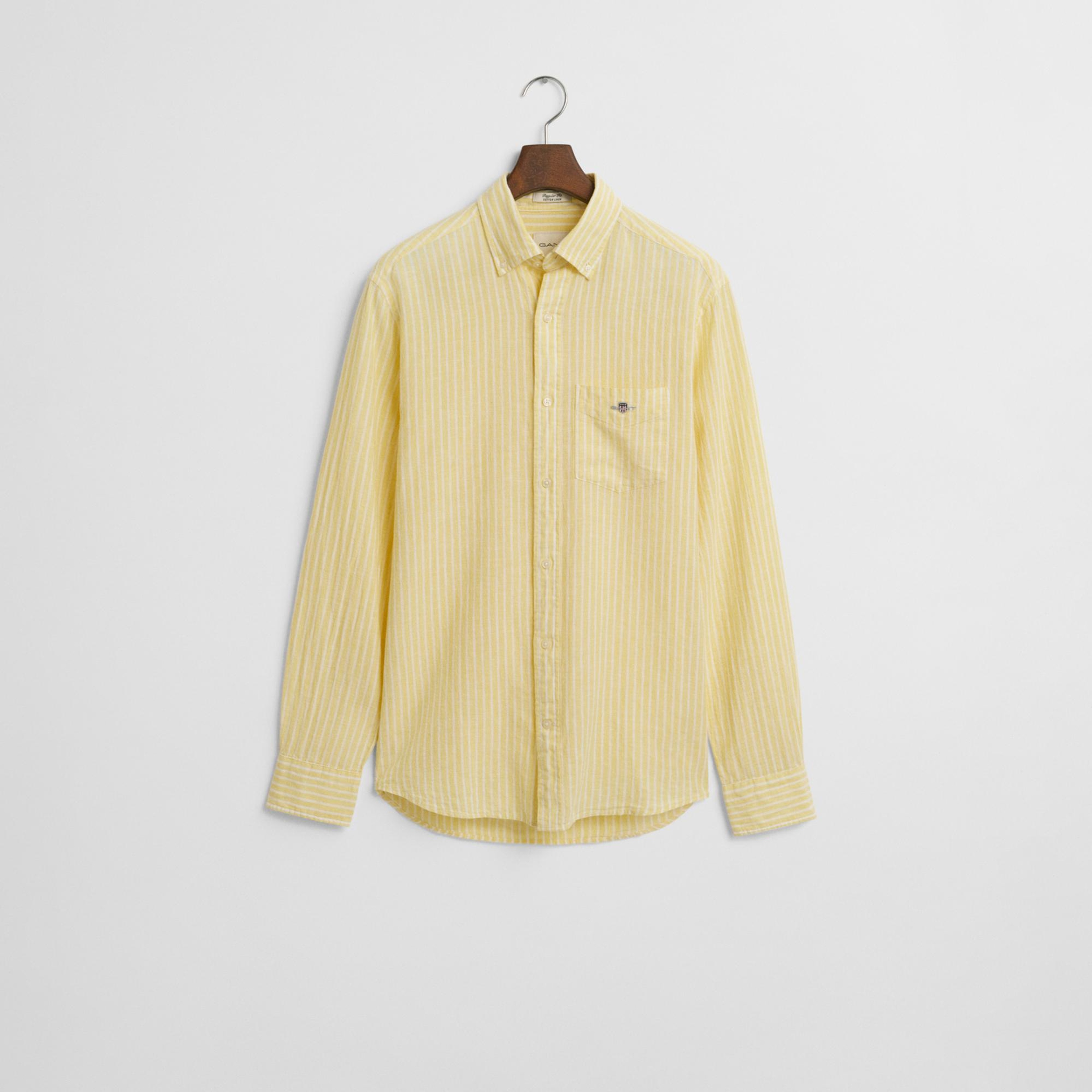 GANT Erkek Sarı Regular Fit Düğmeli Yaka Çizgili Keten Gömlek