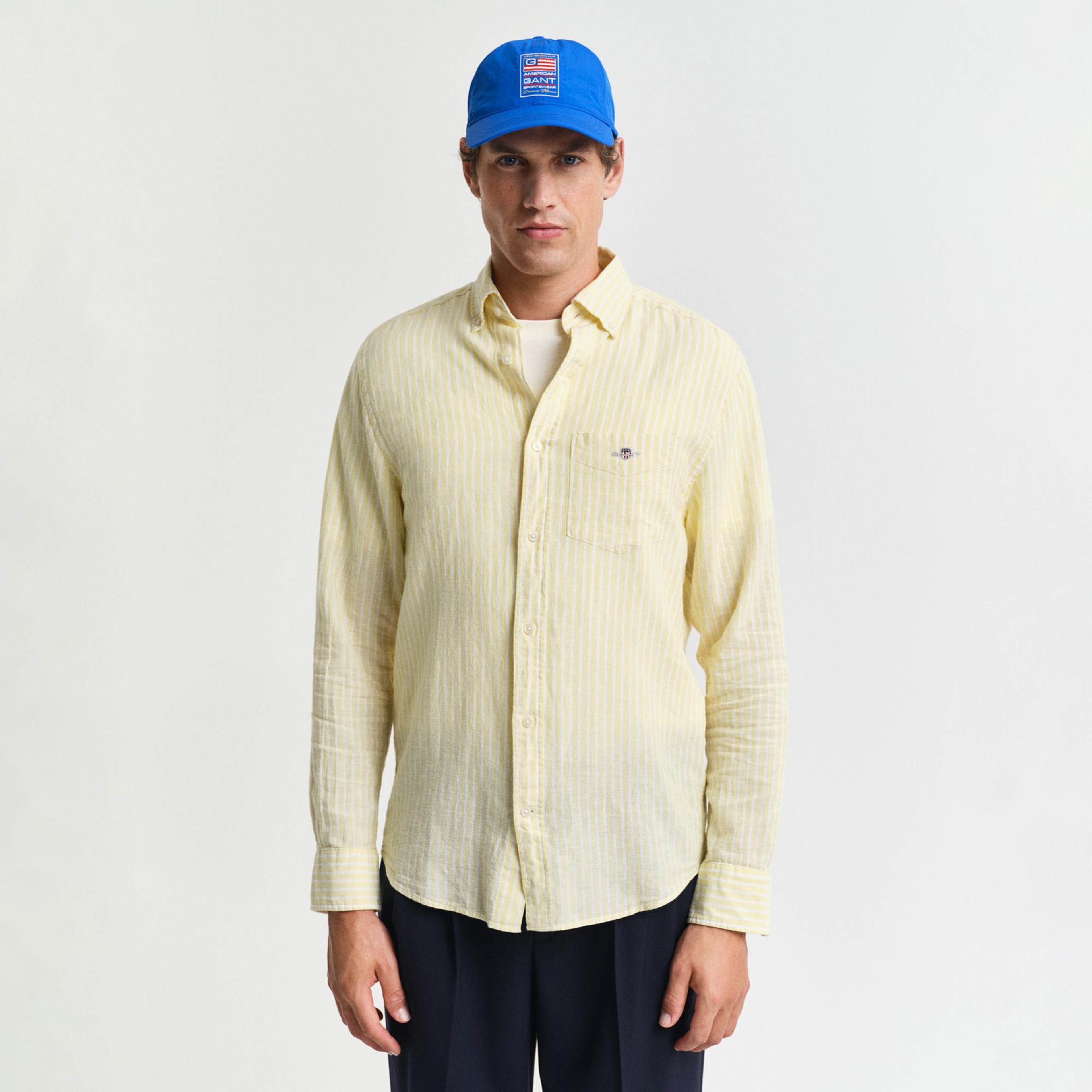 GANT Erkek Sarı Regular Fit Düğmeli Yaka Çizgili Keten Gömlek