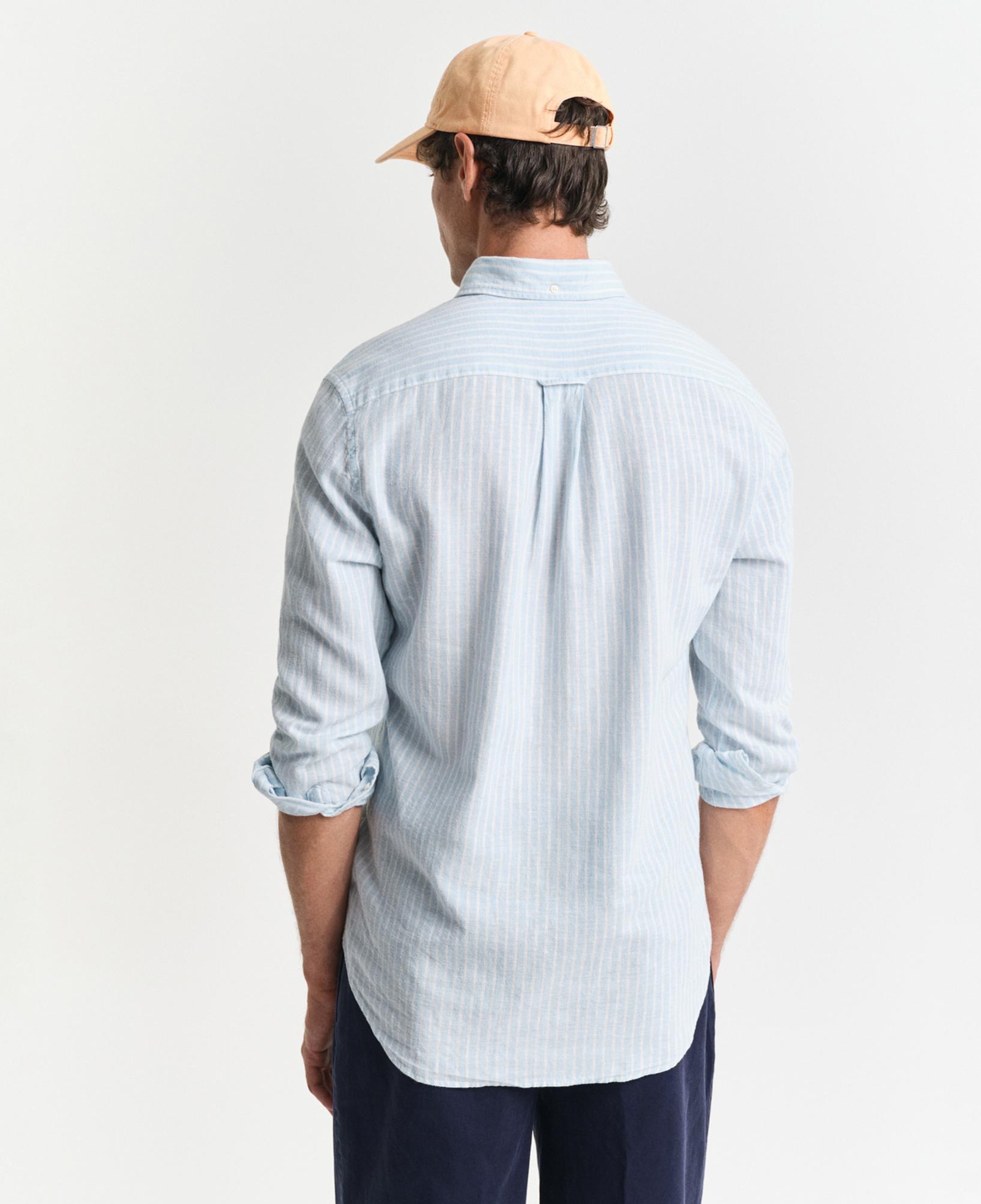 GANT Erkek Mavi Regular Fit Düğmeli Yaka Çizgili Keten Gömlek