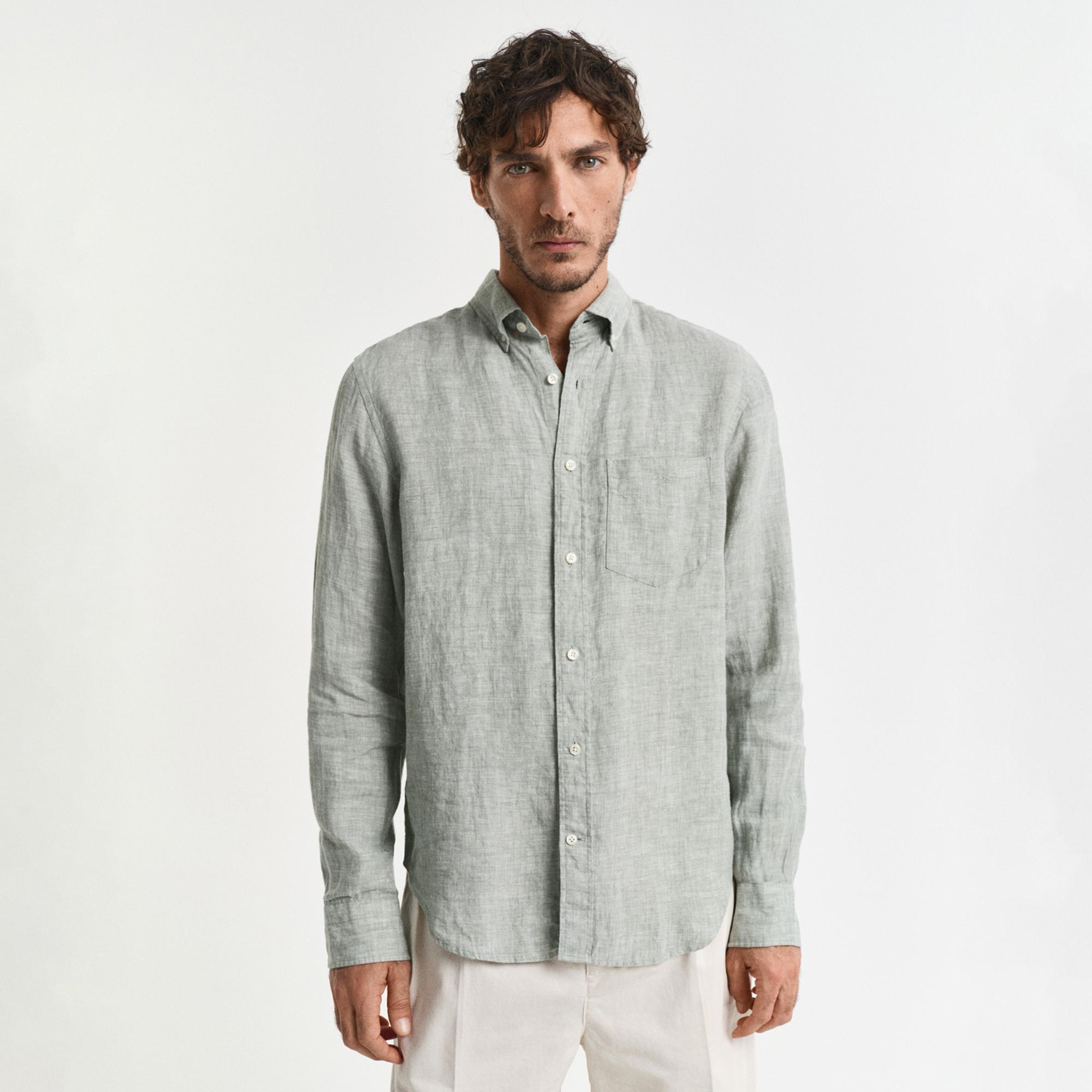 GANT Erkek Yeşil Regular Fit Düğmeli Yaka Keten Gömlek