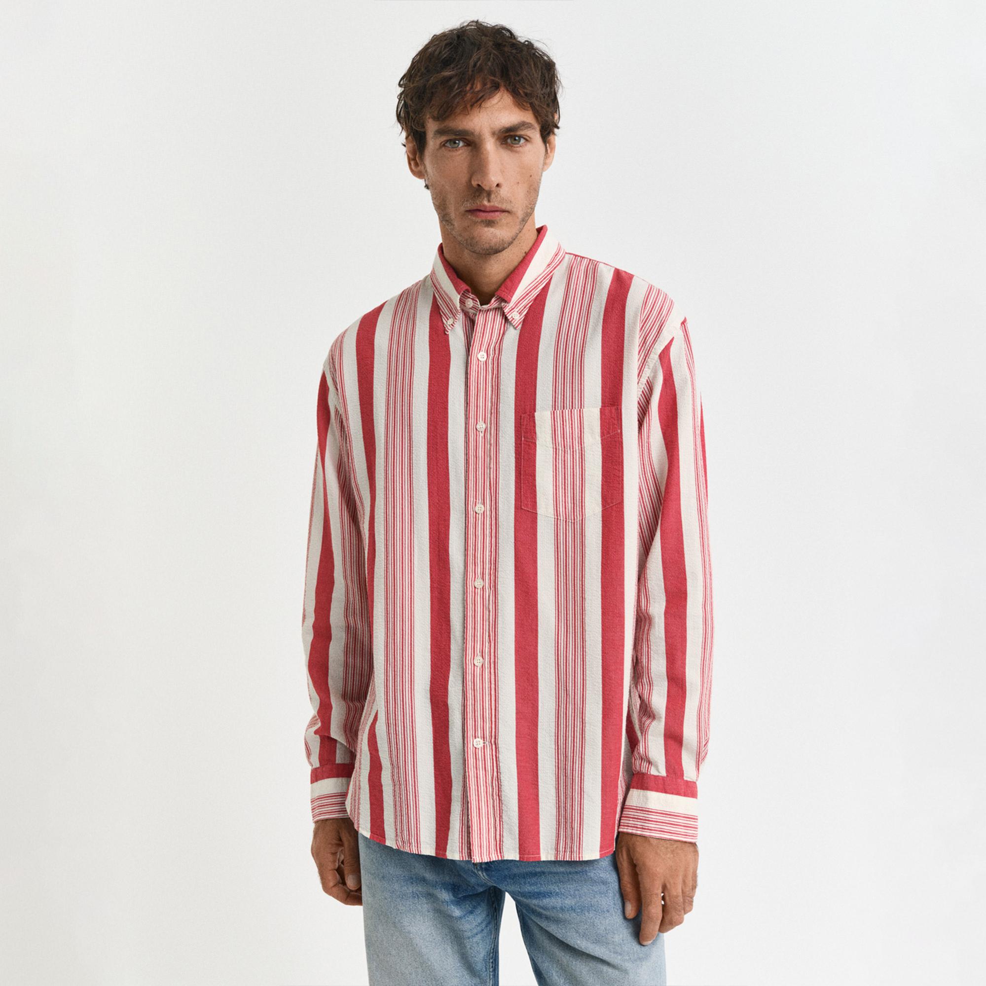 GANT Erkek Kırmızı Relaxed Fit Düğmeli Yaka Çizgili Gömlek