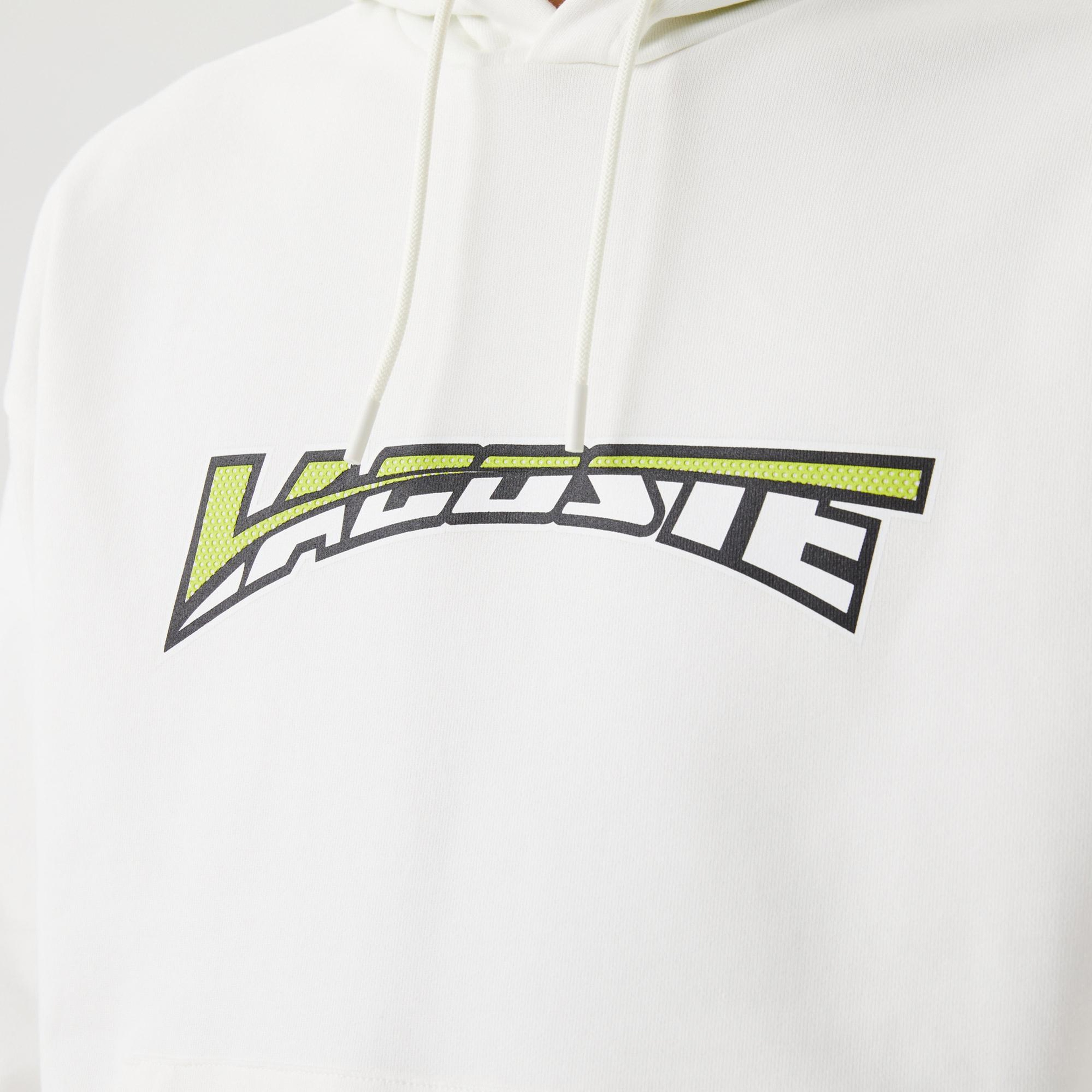 Erkek Relaxed Fit Kapüşonlu Baskılı Beyaz Sweatshirt