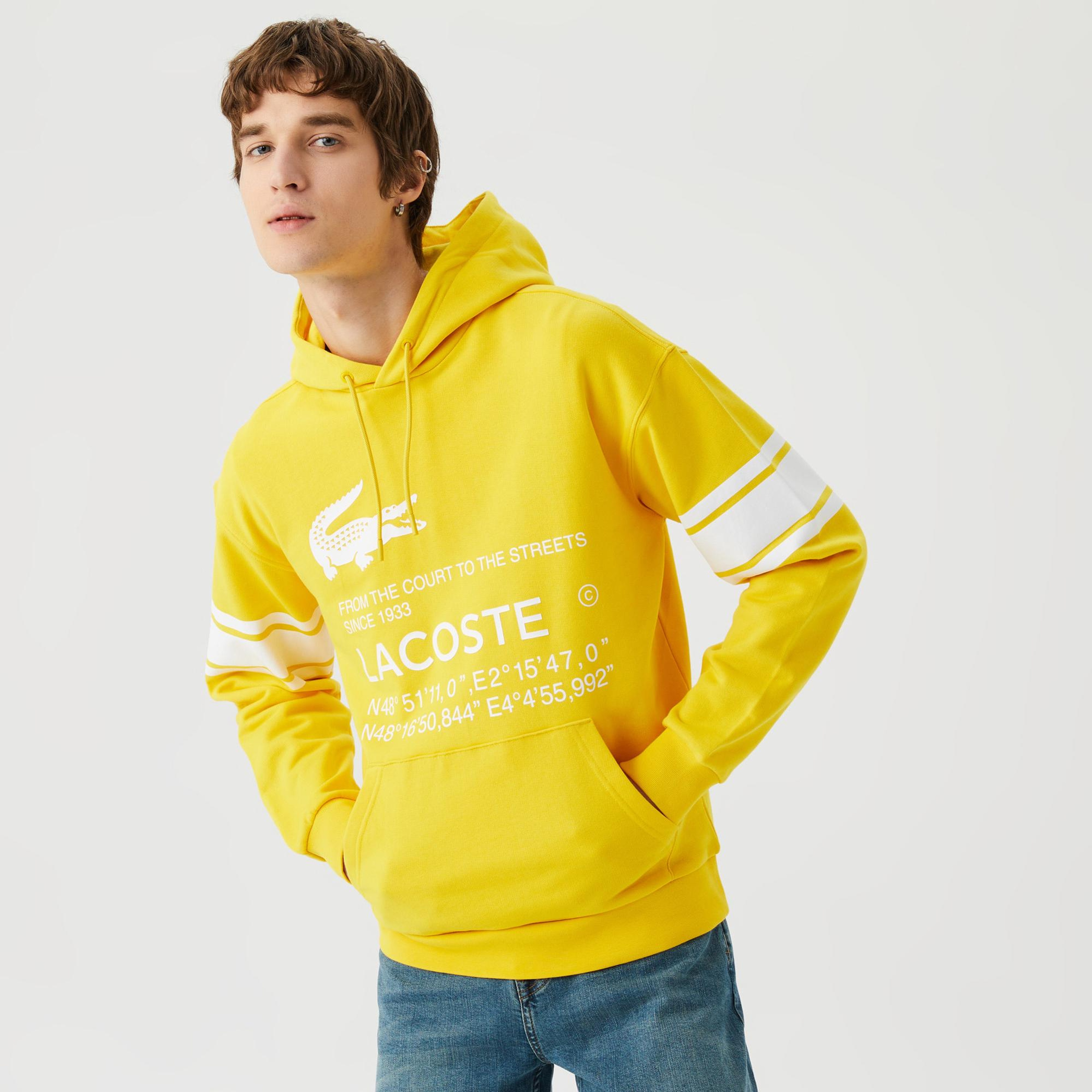Erkek Kapüşonlu Baskılı Sarı Sweatshirt