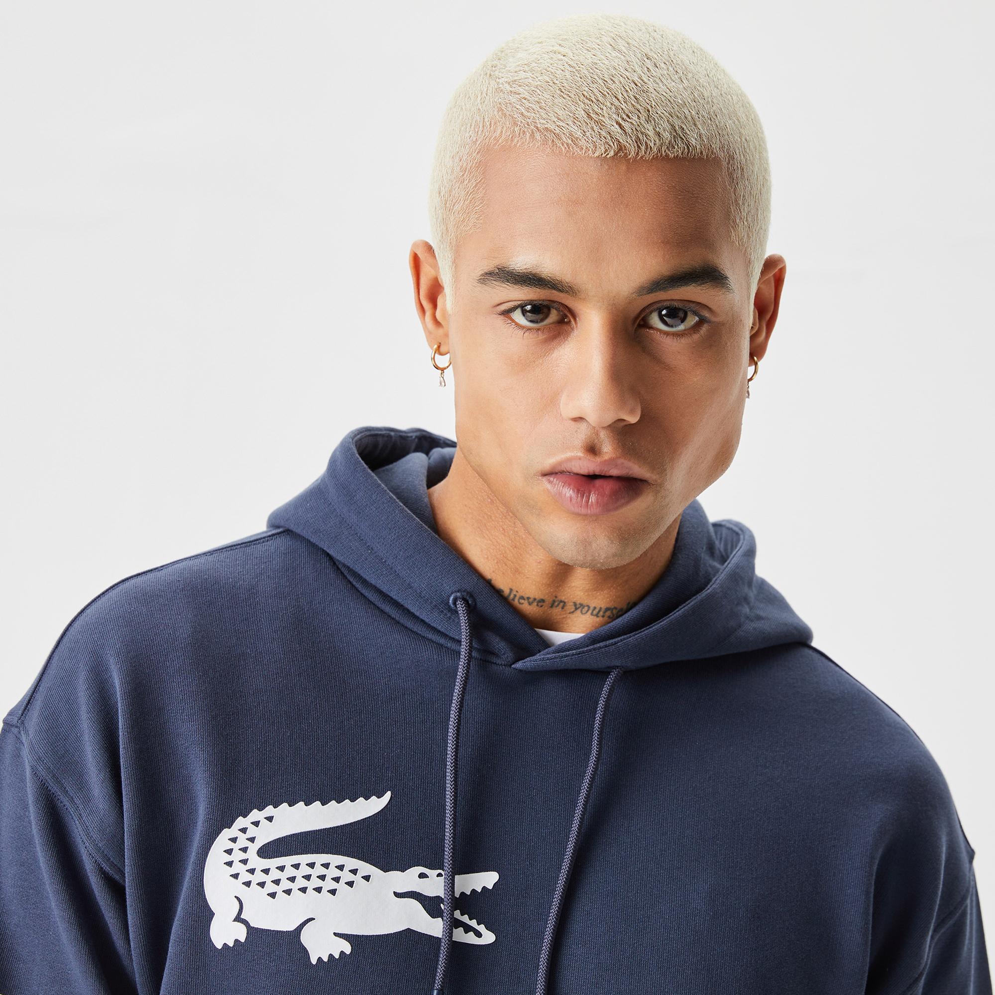 Erkek Relaxed Fit Kapüşonlu Baskılı Lacivert Sweatshirt