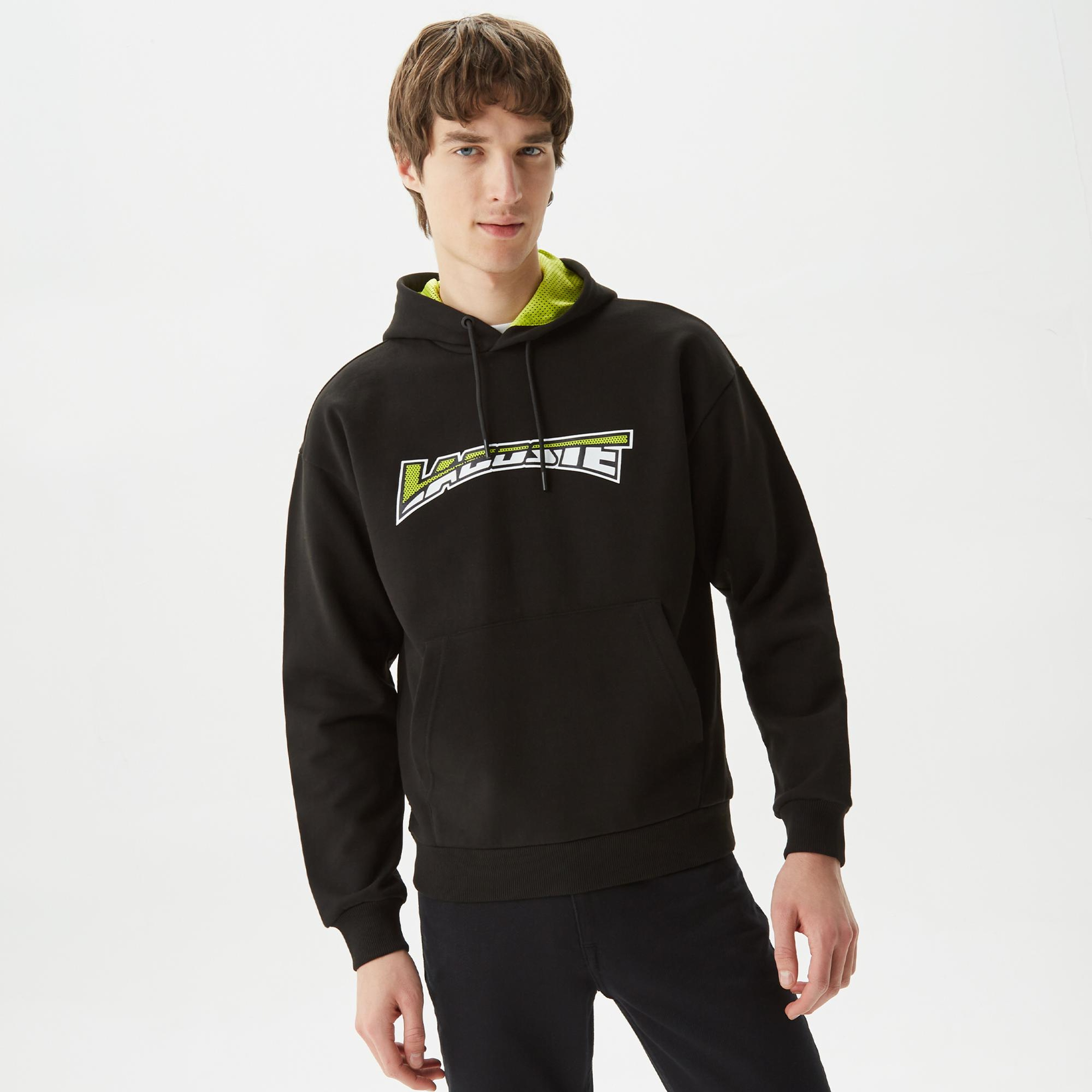Erkek Relaxed Fit Kapüşonlu Baskılı Siyah Sweatshirt