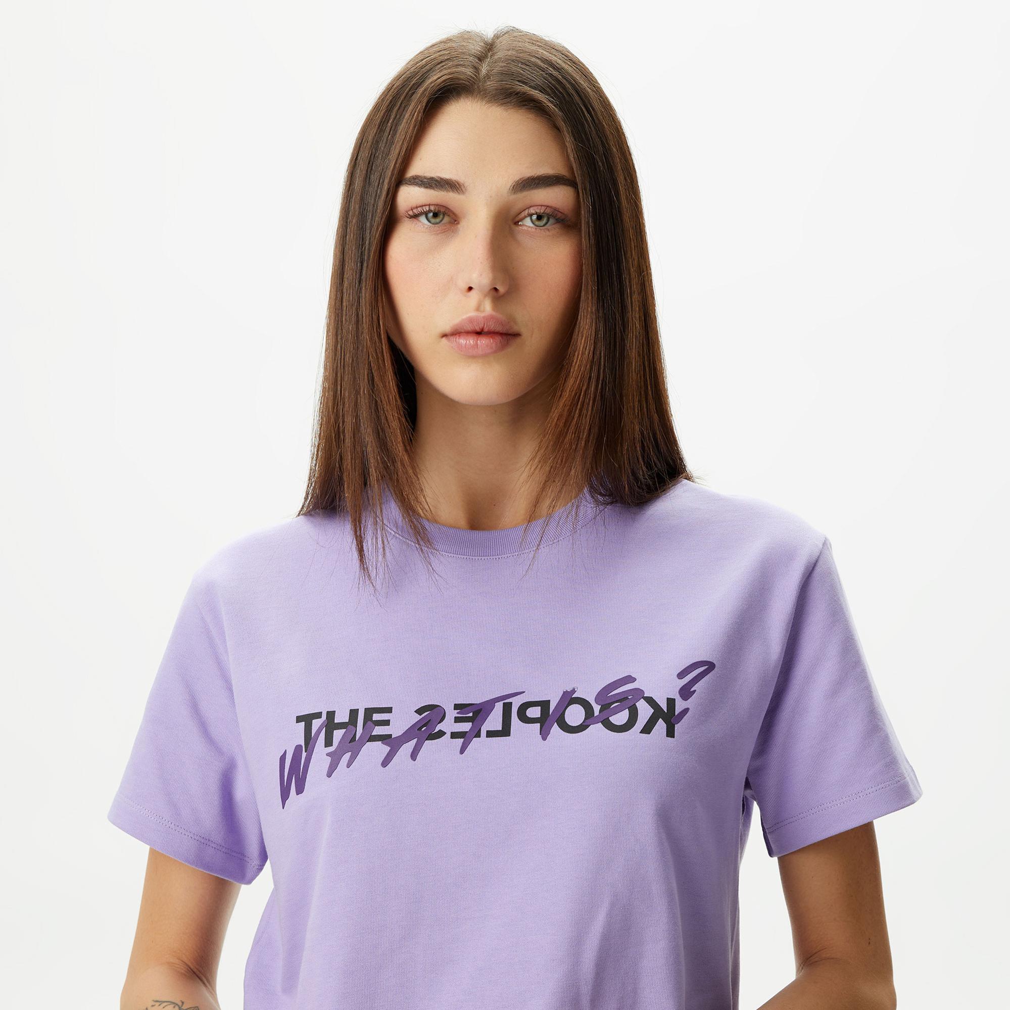 KADIN BASKILI BİSİKLET YAKA MOR T-SHIRT