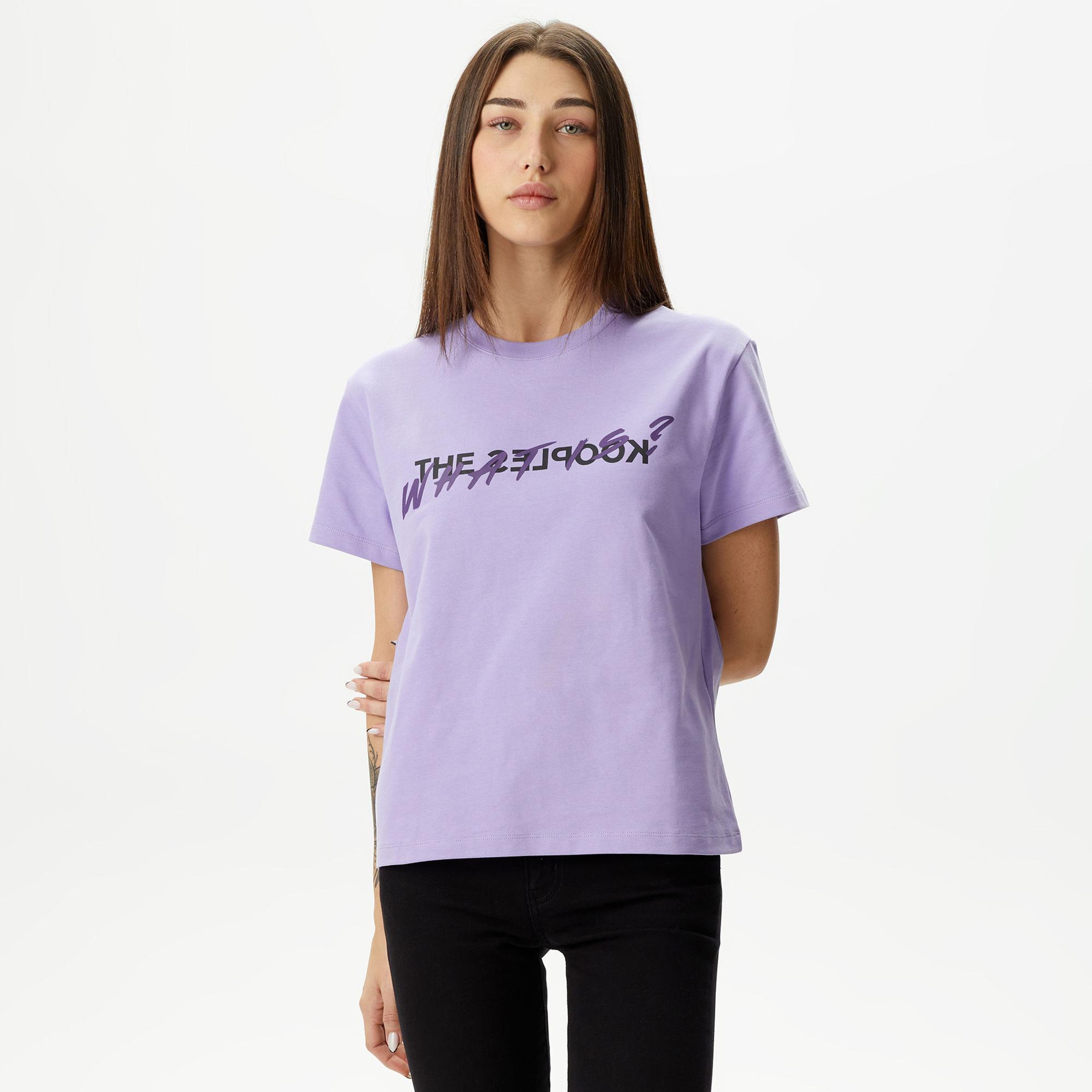 KADIN BASKILI BİSİKLET YAKA MOR T-SHIRT