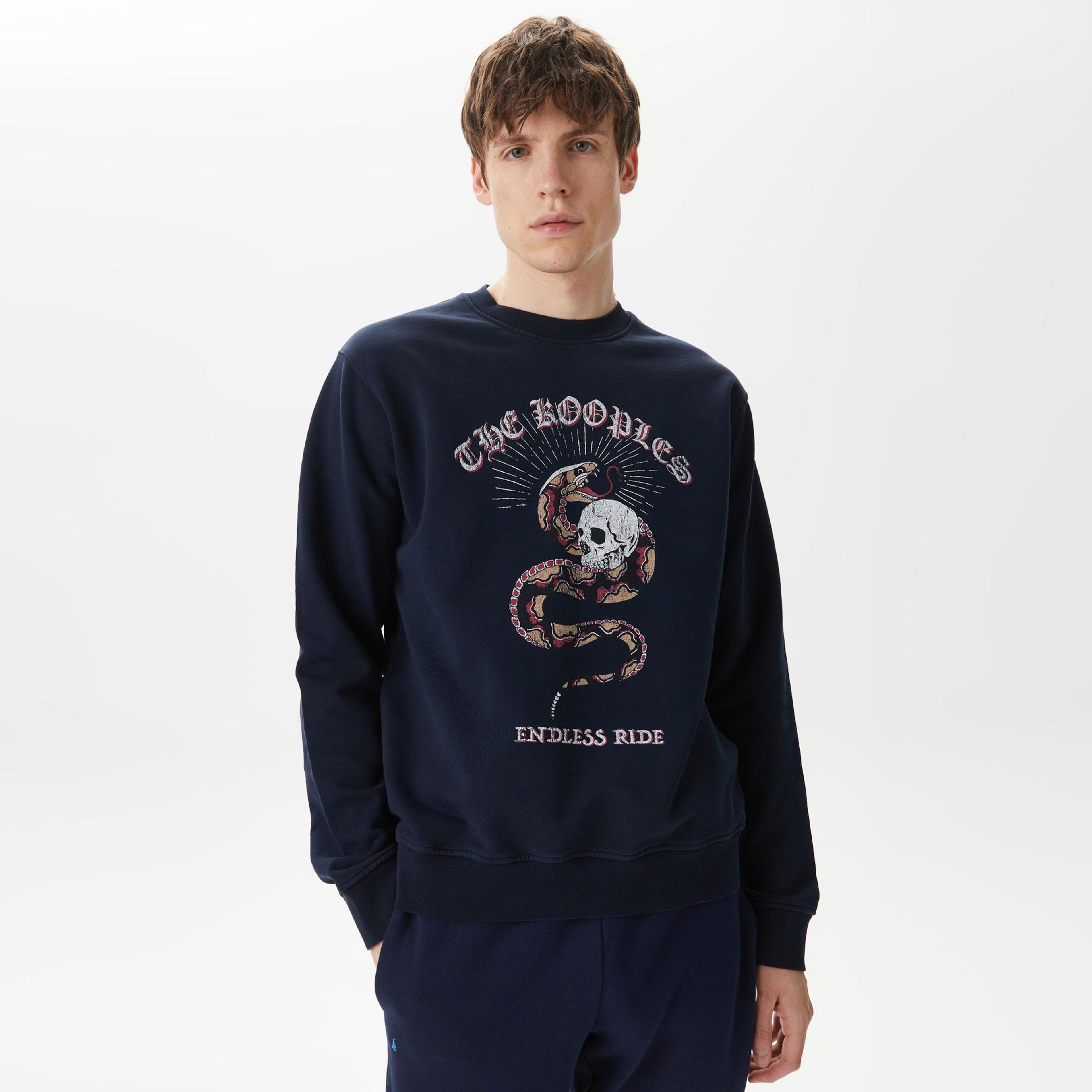 ERKEK BASKILI BİSİKLET YAKA LACİVERT SWEATSHIRT