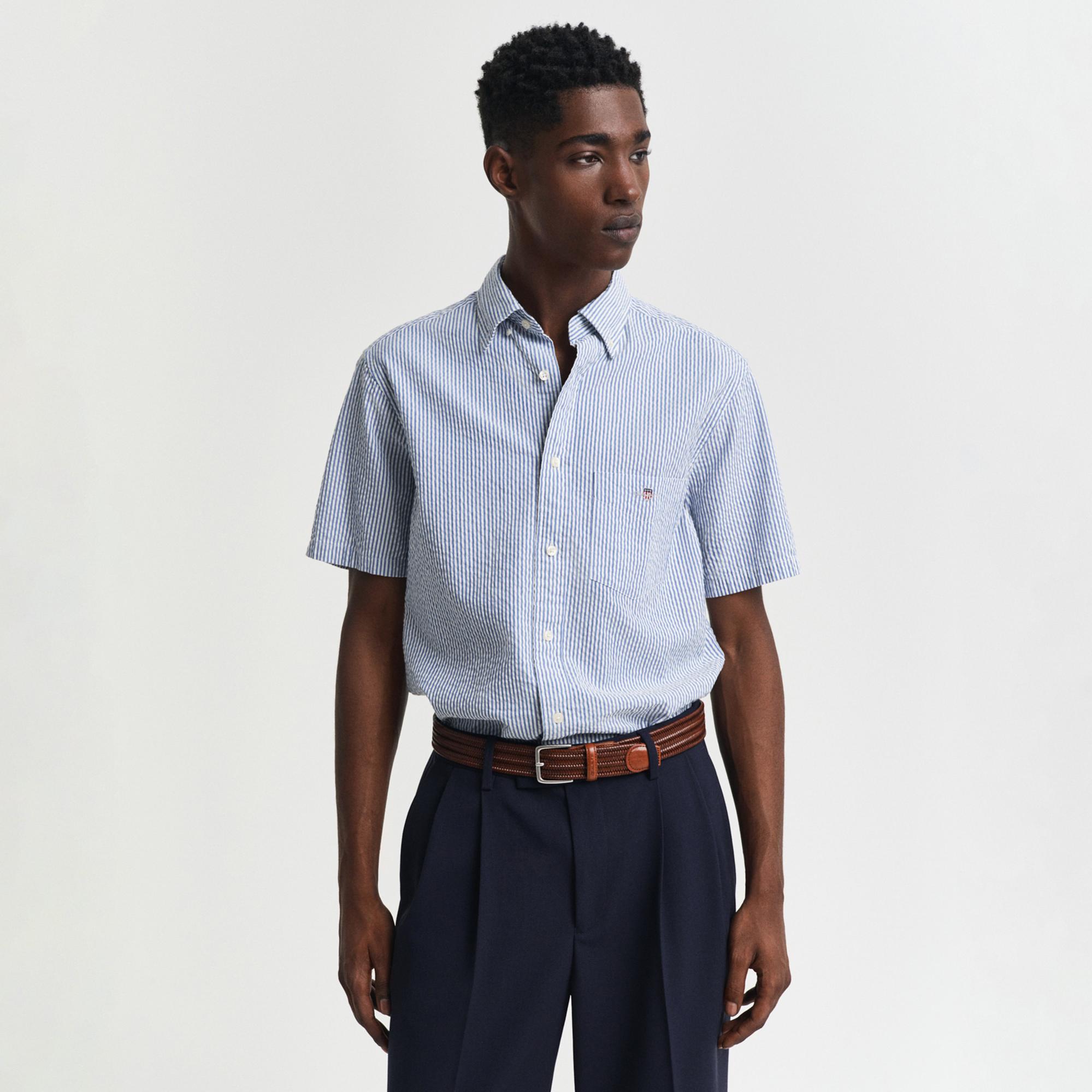 GANT Erkek Lacivert Regular Fit Düğmeli Yaka Çizgili Gömlek