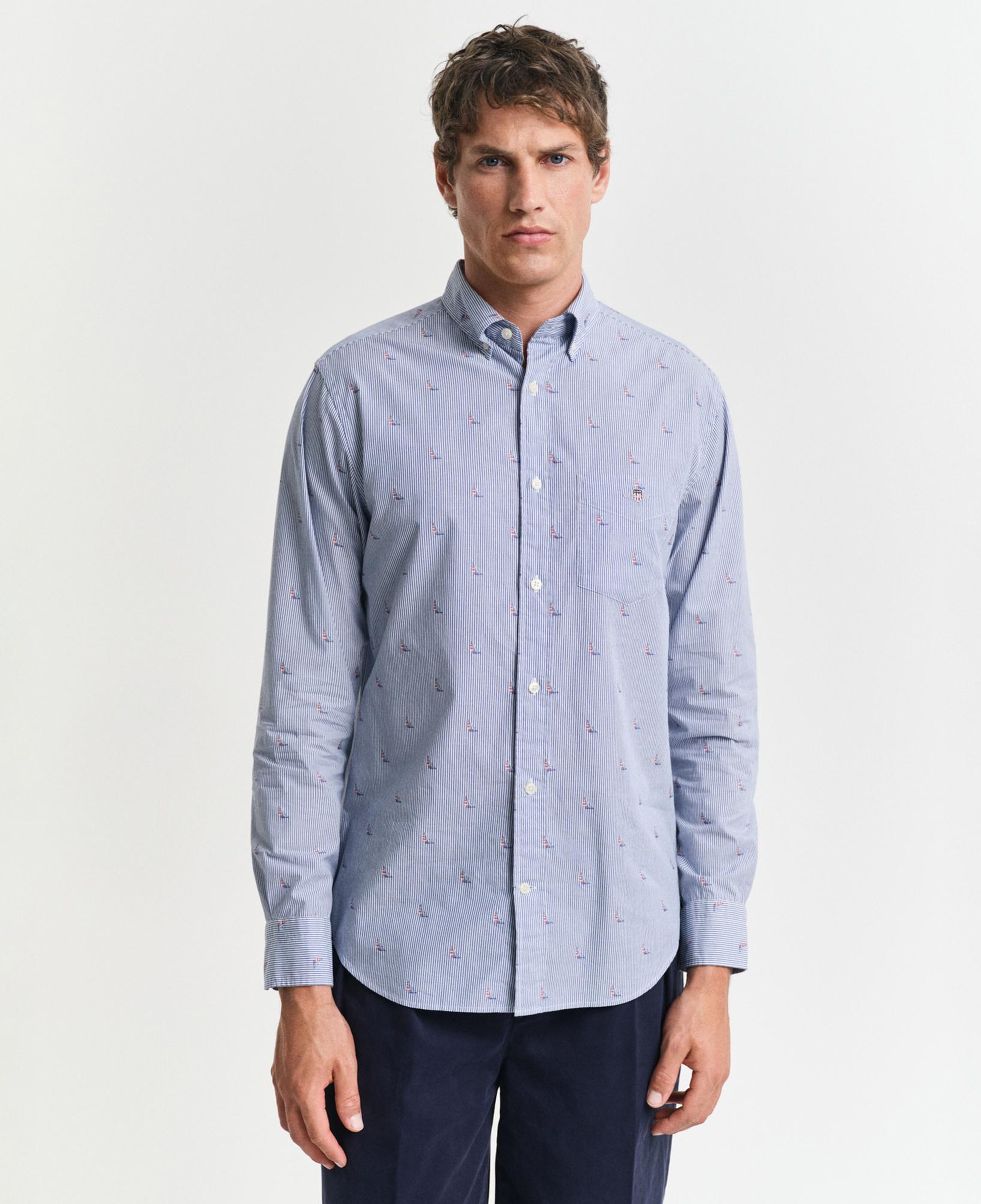 GANT Erkek Mavi Regular Fit Düğmeli Yaka Çizgili Gömlek