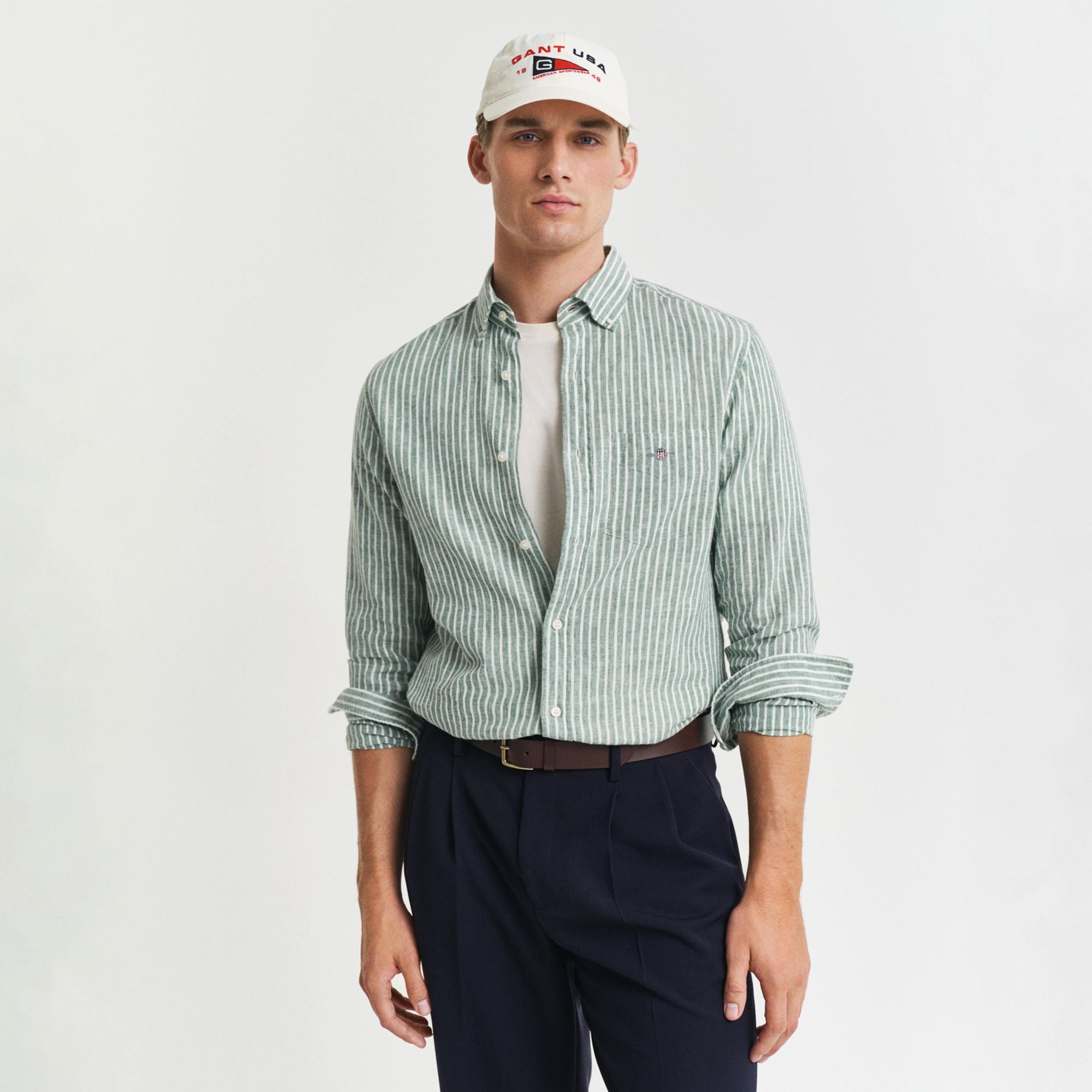 GANT Erkek Yeşil Regular Fit Düğmeli Yaka Çizgili Keten Gömlek