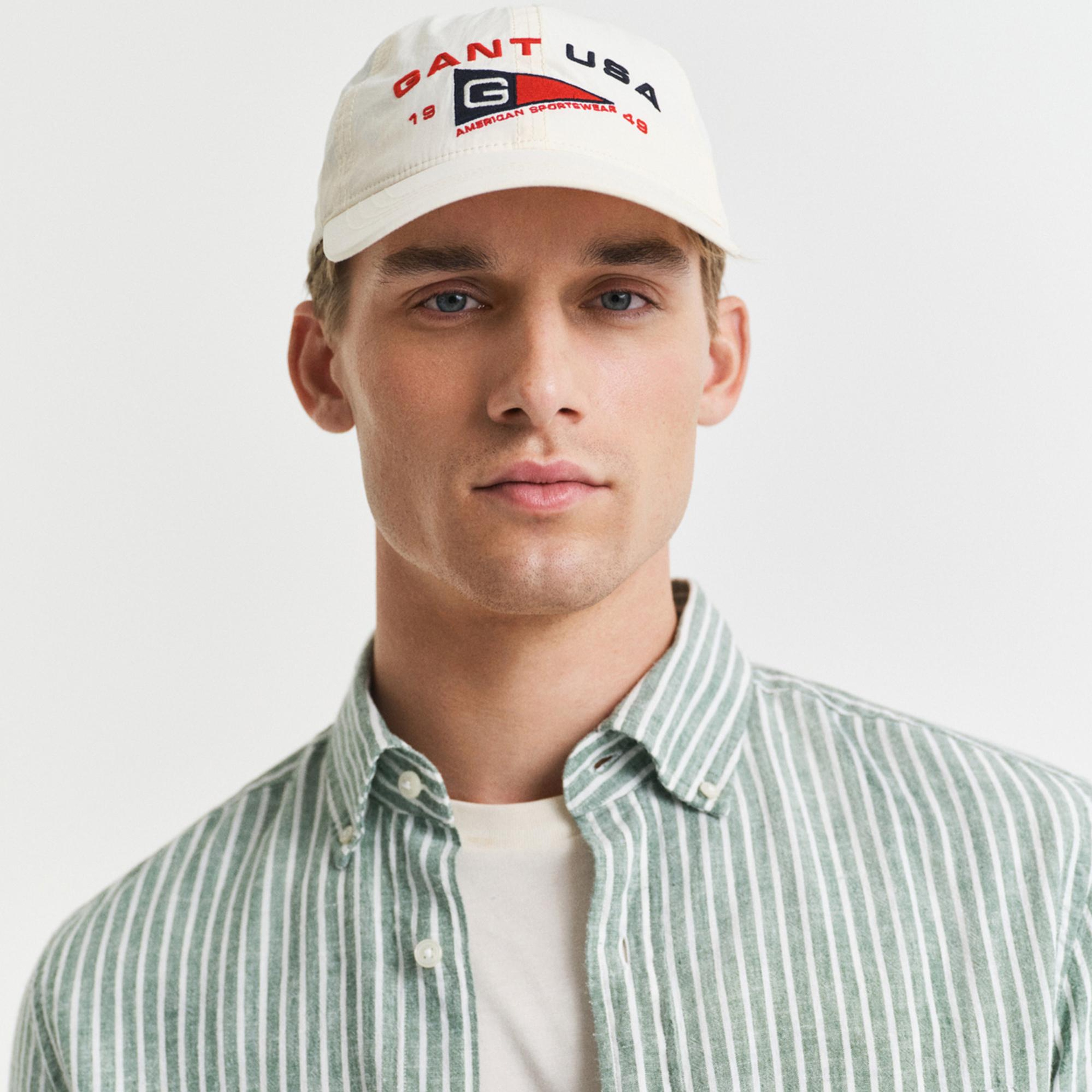 GANT Erkek Yeşil Regular Fit Düğmeli Yaka Çizgili Keten Gömlek