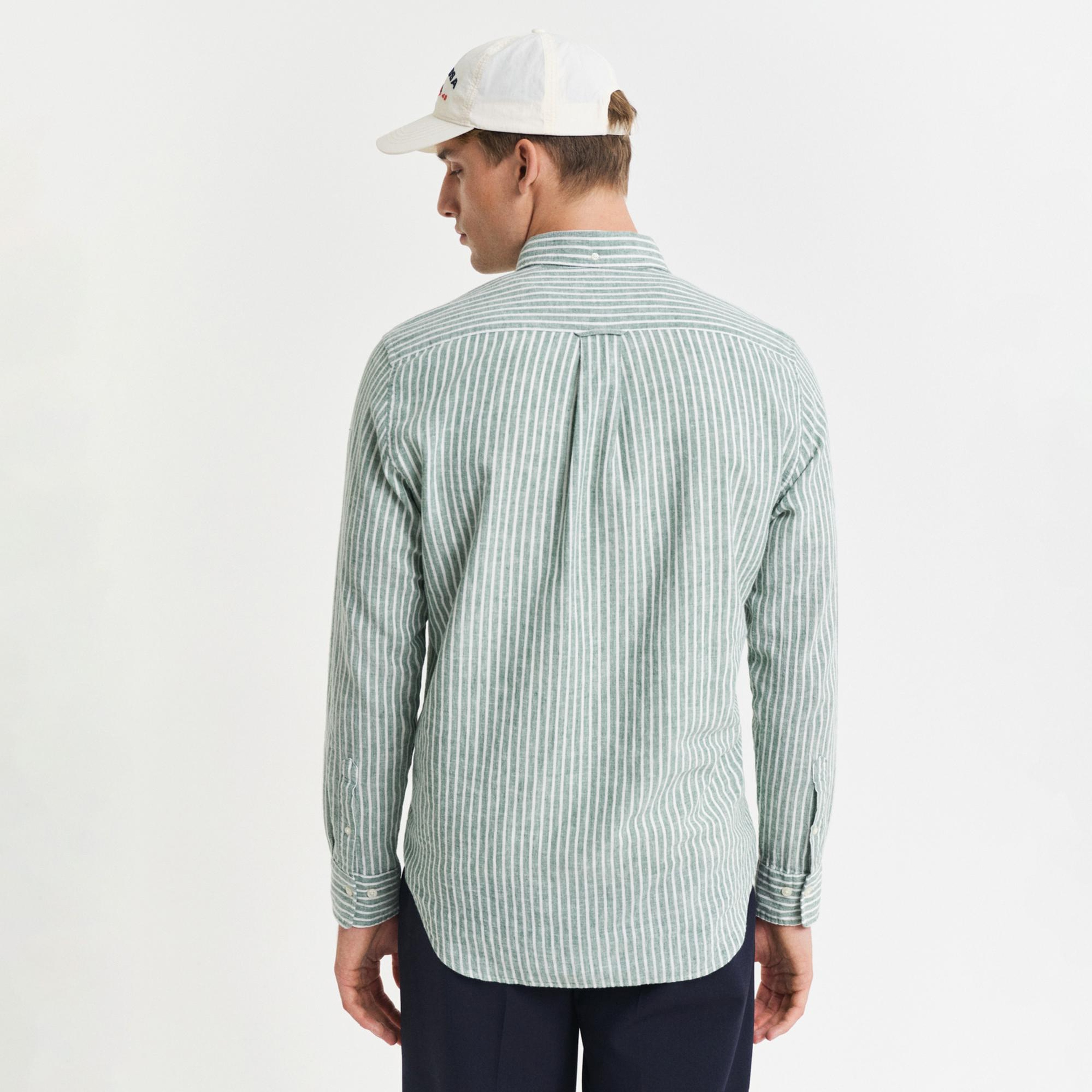 GANT Erkek Yeşil Regular Fit Düğmeli Yaka Çizgili Keten Gömlek