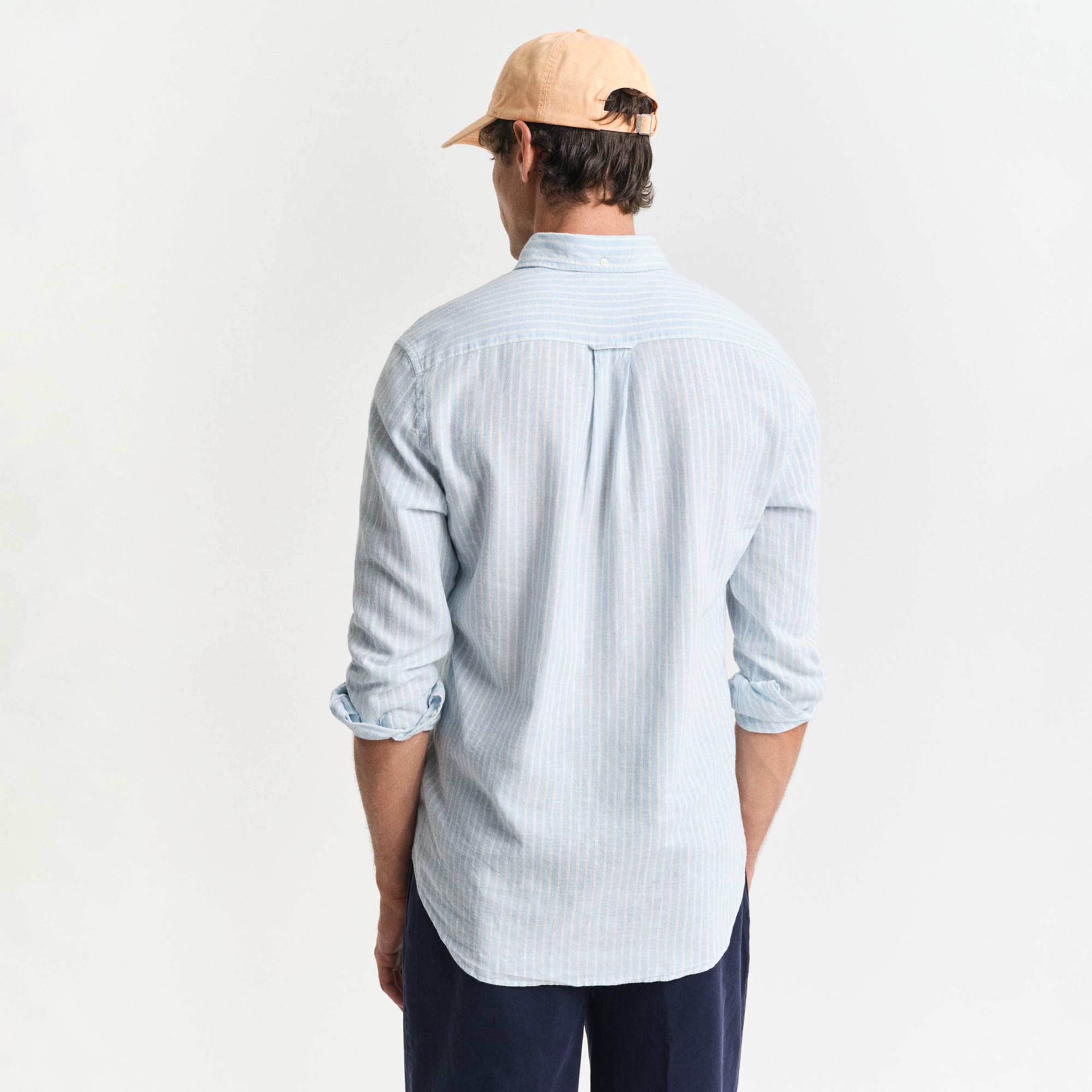 GANT Erkek Mavi Regular Fit Düğmeli Yaka Çizgili Keten Gömlek