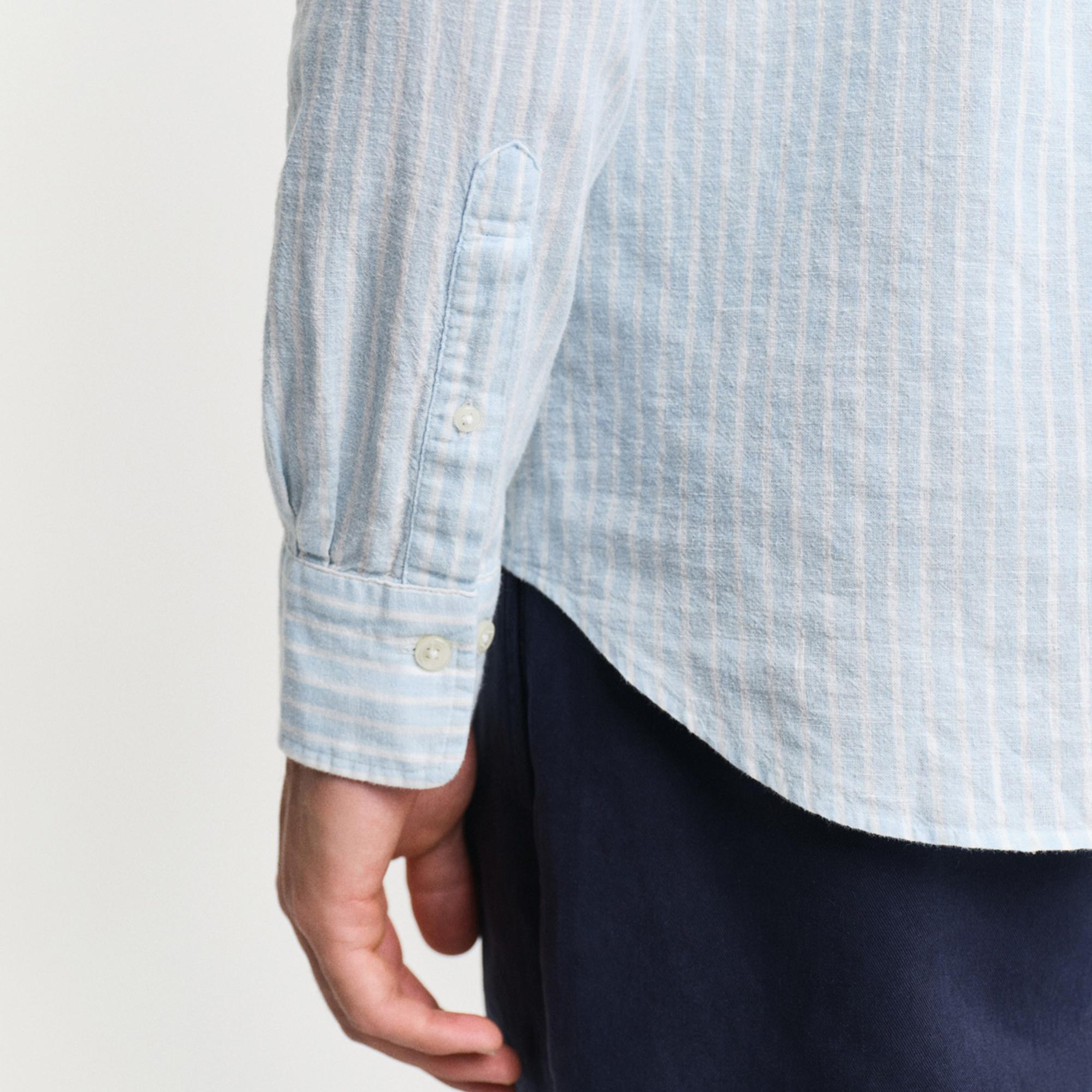 GANT Erkek Mavi Regular Fit Düğmeli Yaka Çizgili Keten Gömlek