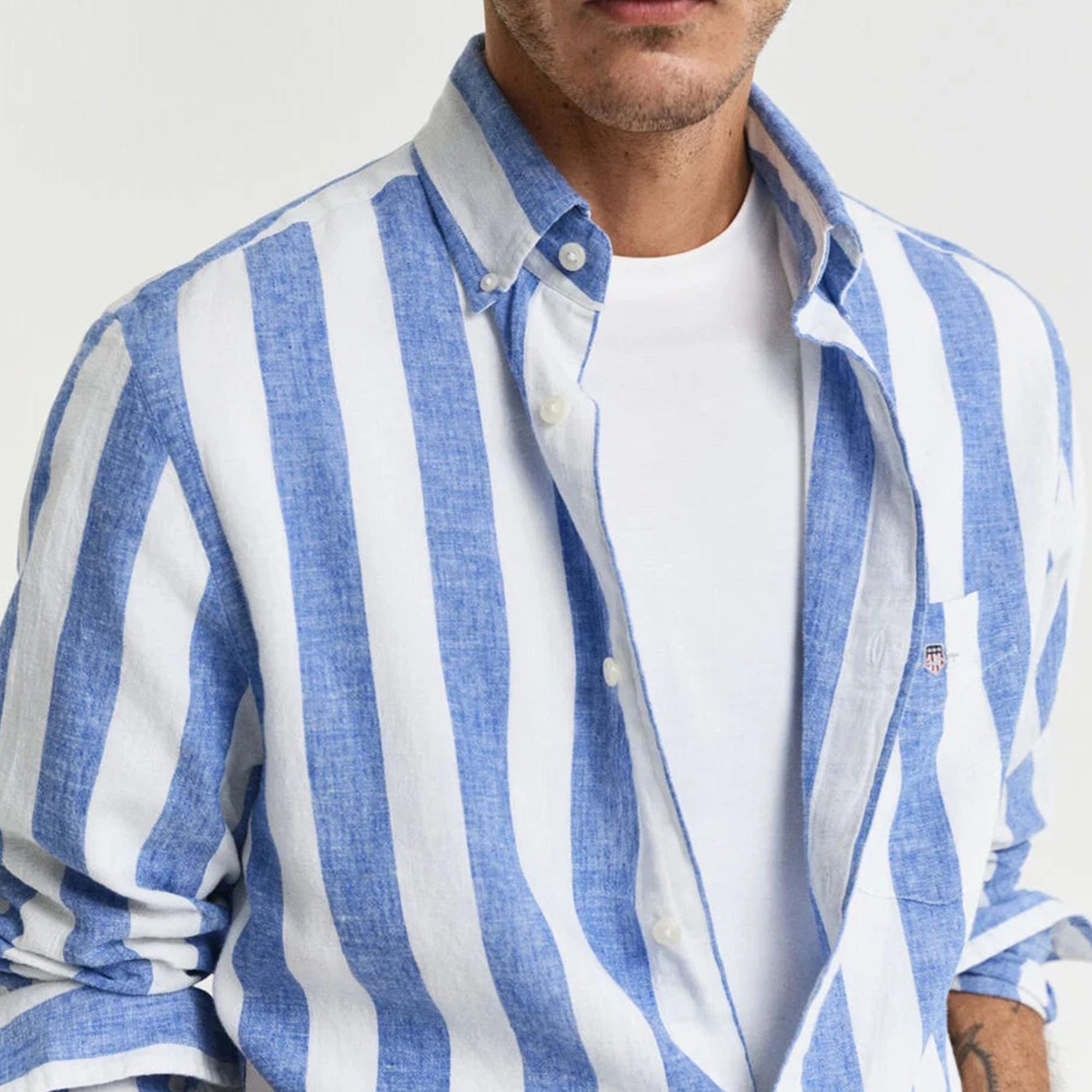 GANT Erkek Mavi  Regular Fit Düğmeli Yaka Çizgili Gömlek