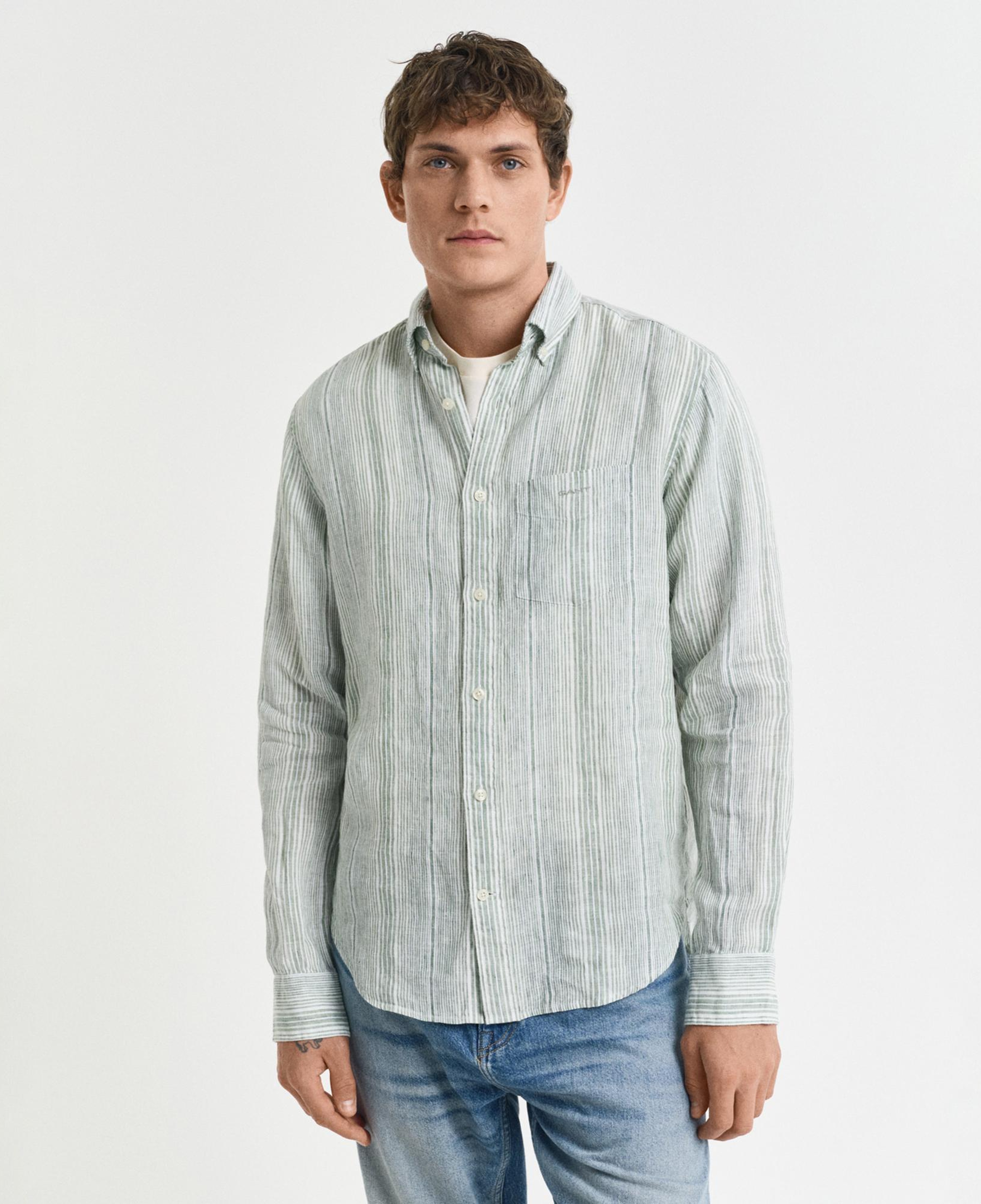GANT Erkek Yeşil Regular Fit Düğmeli Yaka Çizgili Gömlek