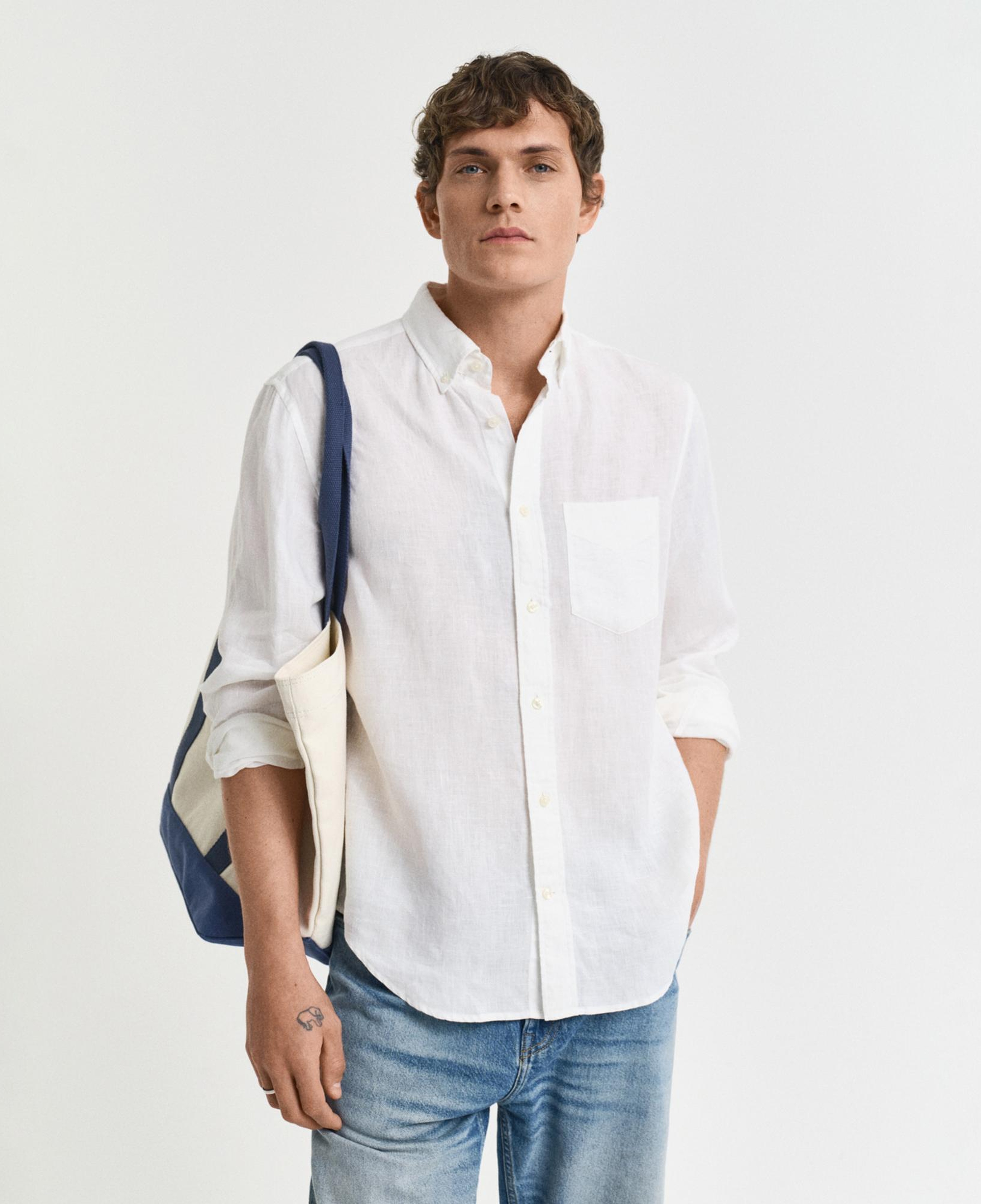GANT Erkek Beyaz Regular Fit Düğmeli Yaka Keten Gömlek
