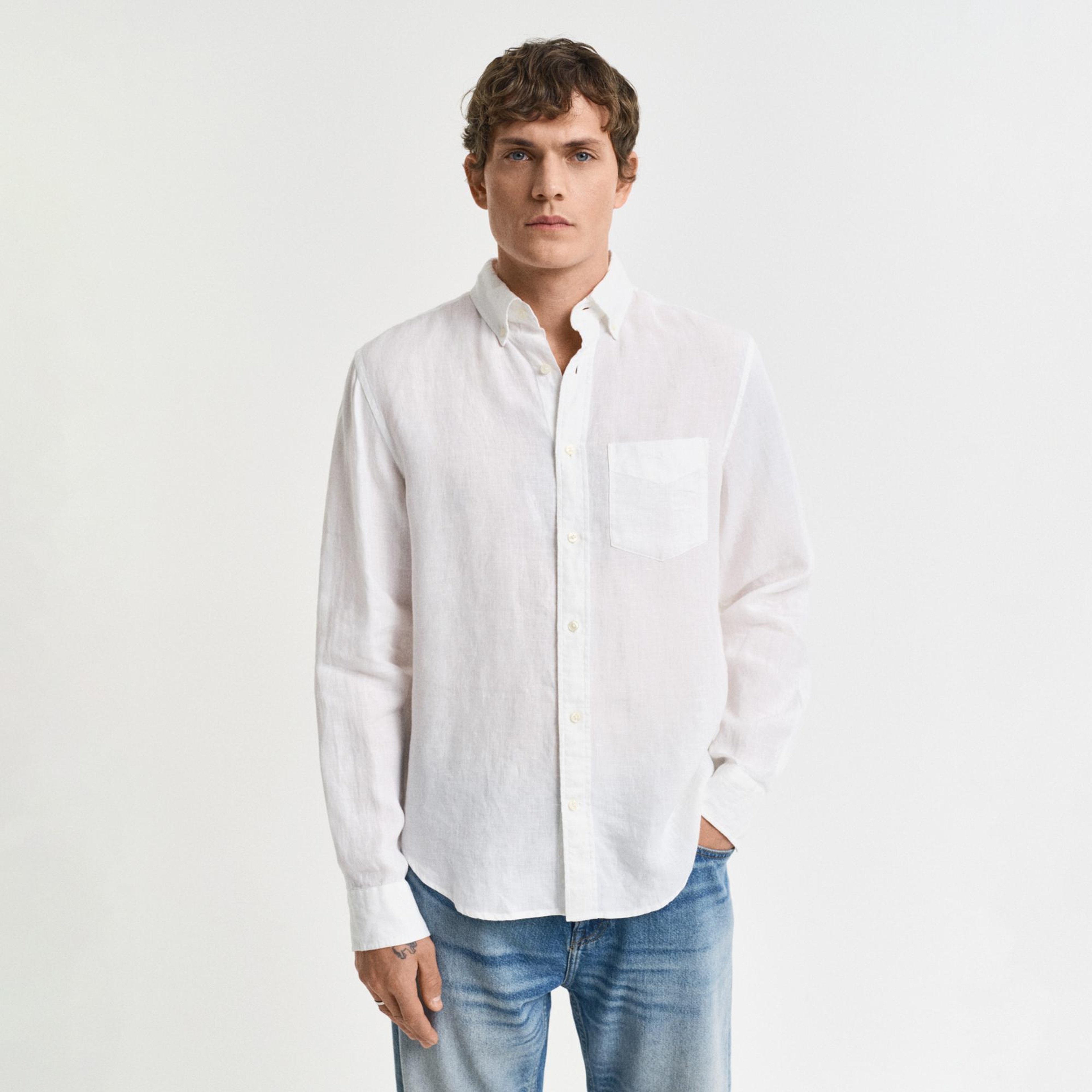 GANT Erkek Beyaz Regular Fit Düğmeli Yaka Keten Gömlek