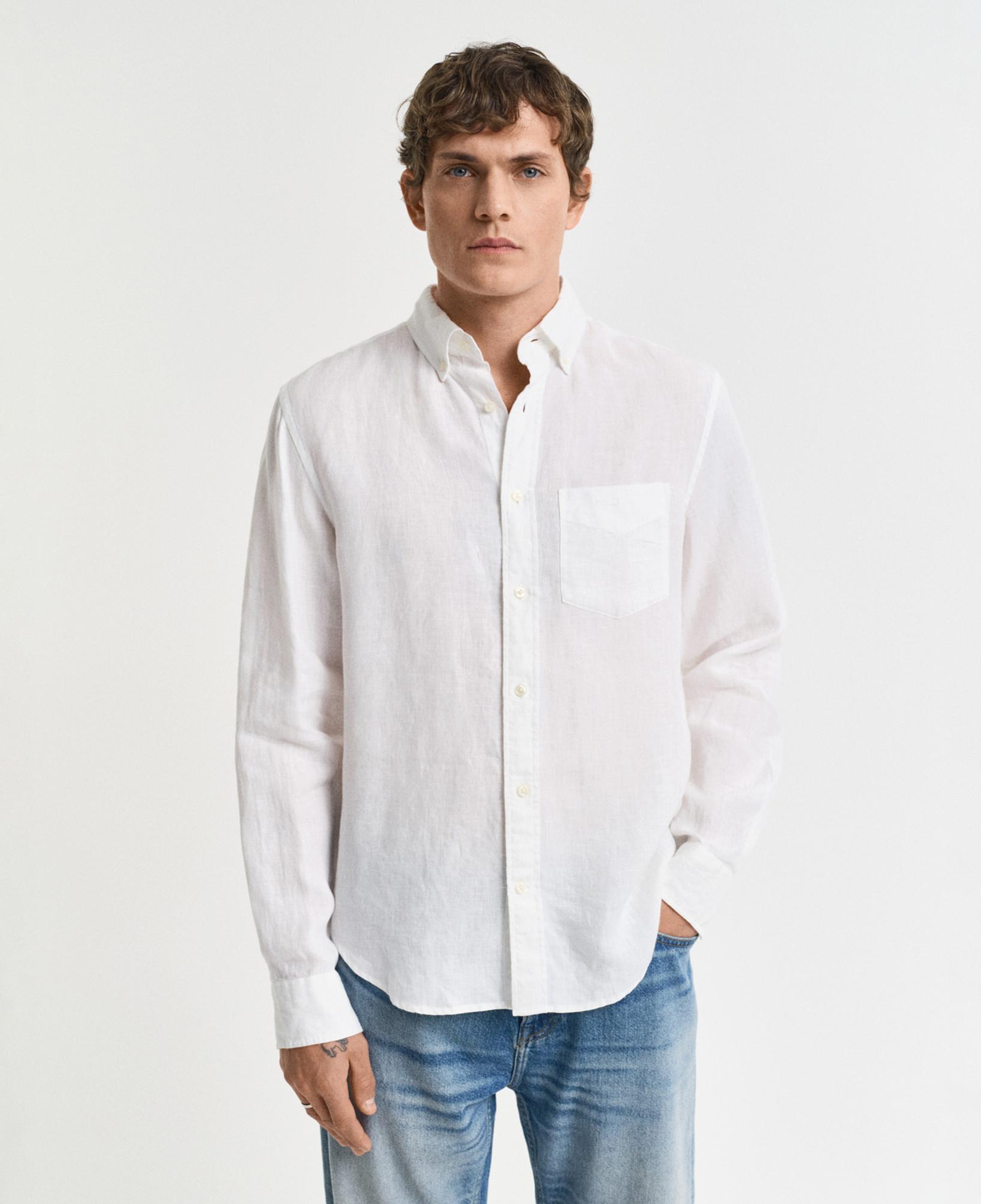 GANT Erkek Beyaz Regular Fit Düğmeli Yaka Keten Gömlek