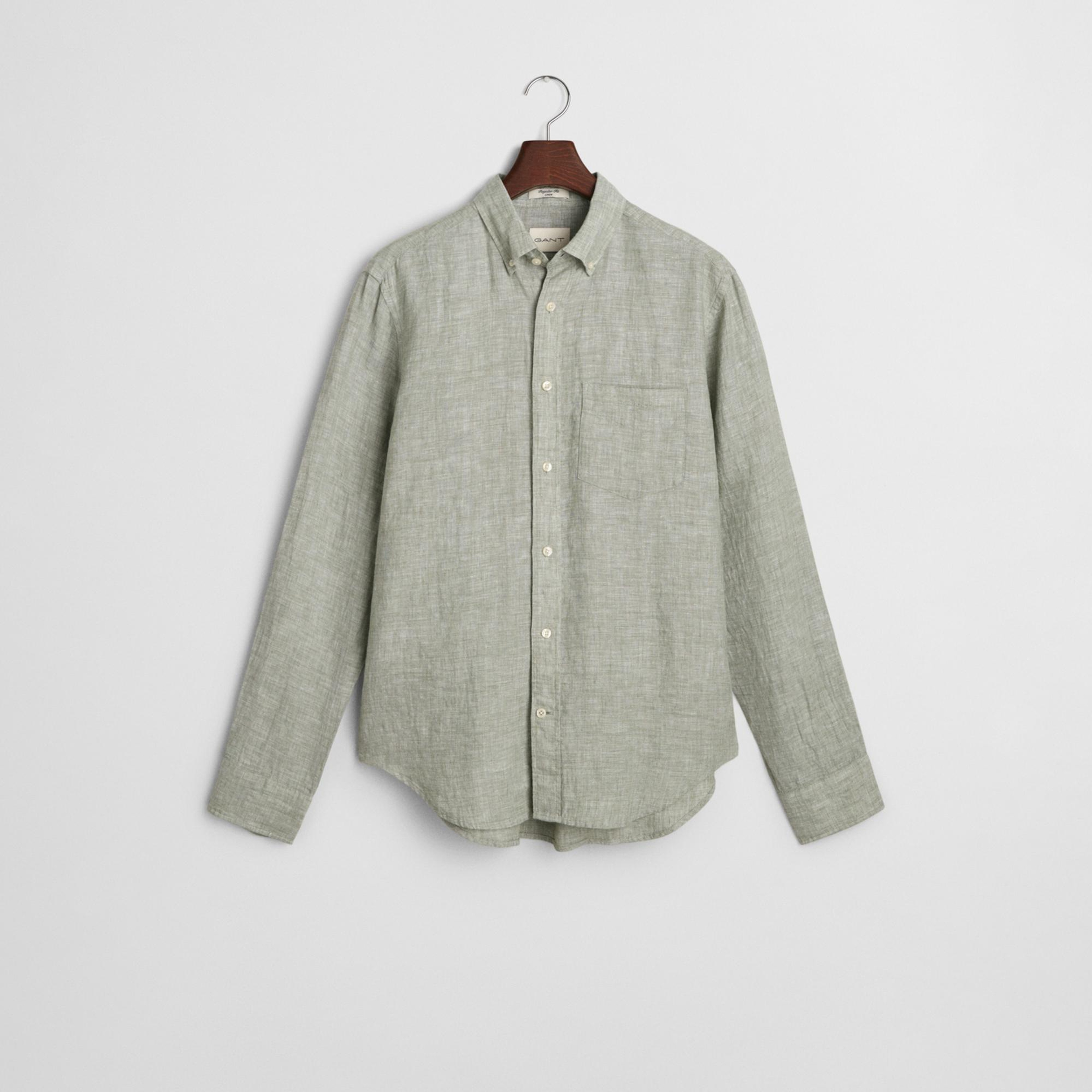 GANT Erkek Yeşil Regular Fit Düğmeli Yaka Keten Gömlek