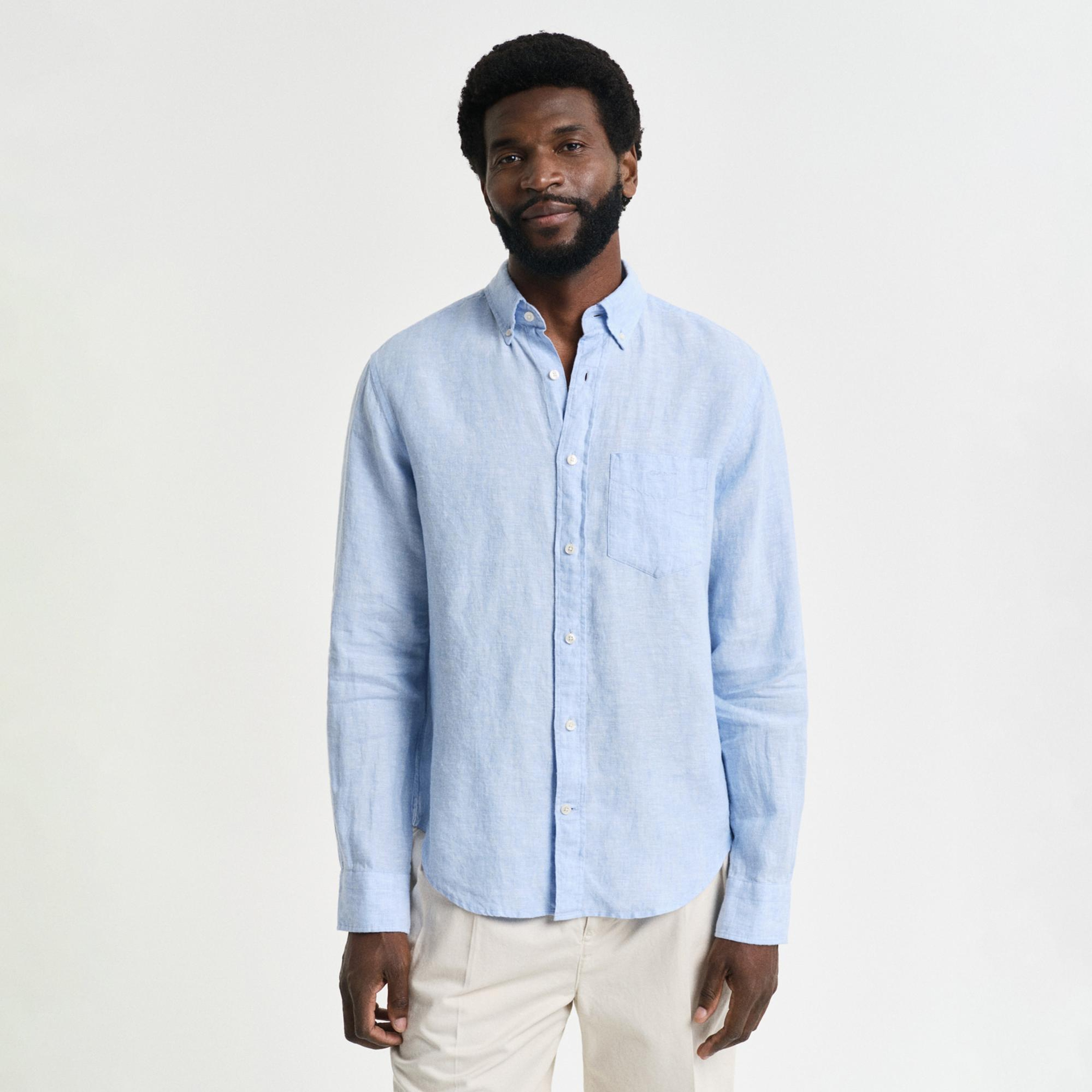 GANT Erkek Mavi Regular Fit Düğmeli Yaka Keten Gömlek